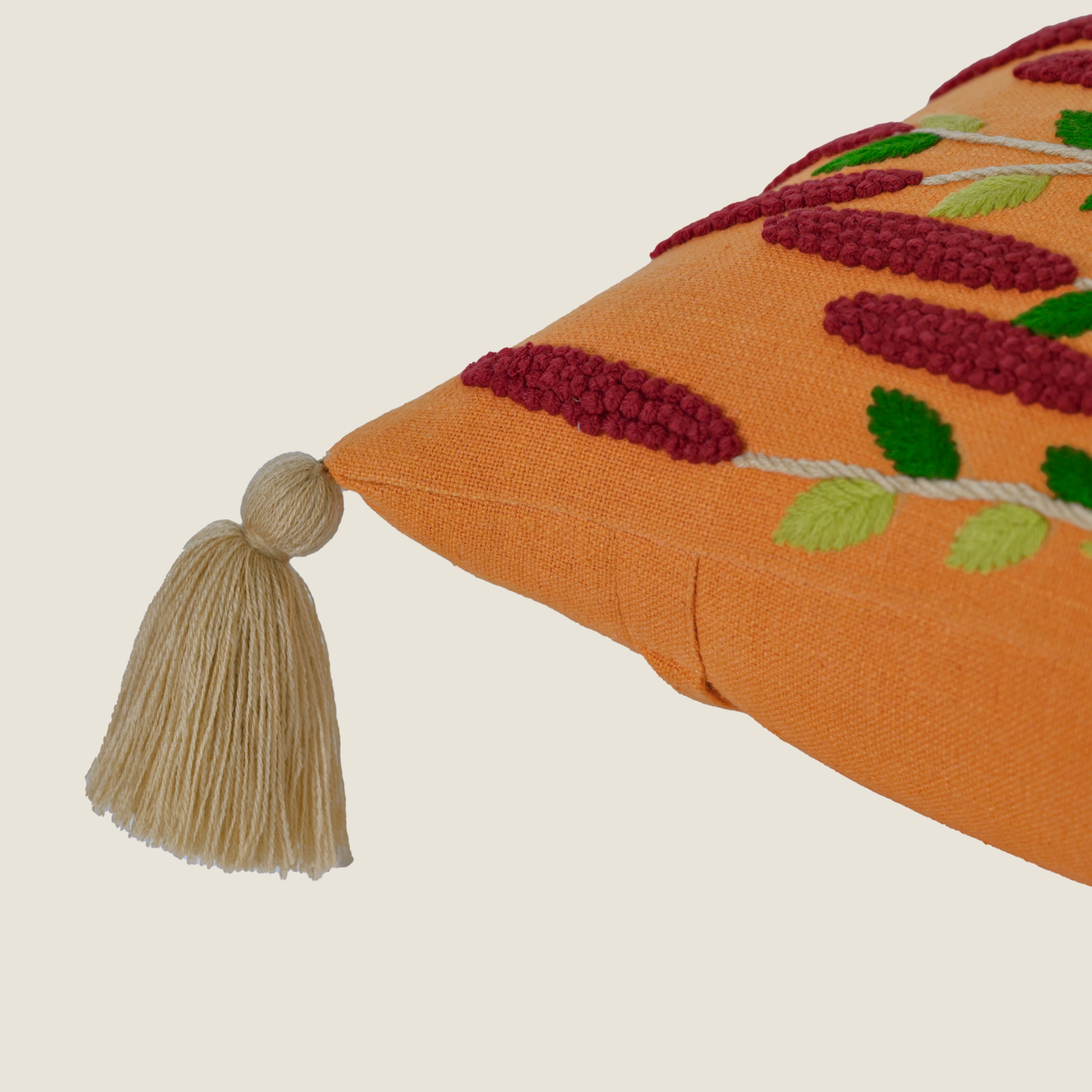 Embroidered Wildflower Tassel Cushion Cover | Square Decorative Pillowcase – Mustard Yellow with Burgundy Floral Accents Set of 1 Pc