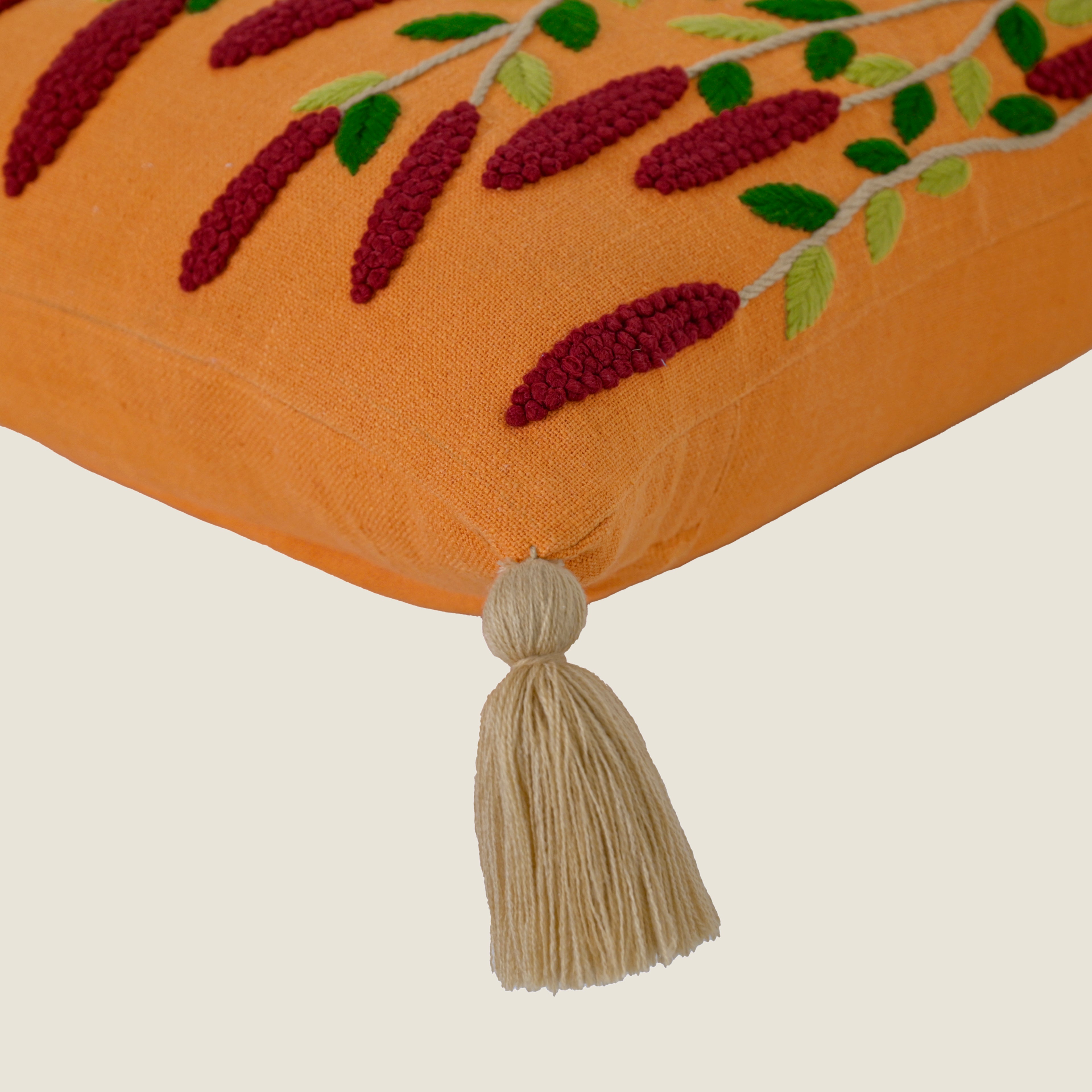 Embroidered Wildflower Tassel Cushion Cover | Square Decorative Pillowcase – Mustard Yellow with Burgundy Floral Accents Set of 1 Pc