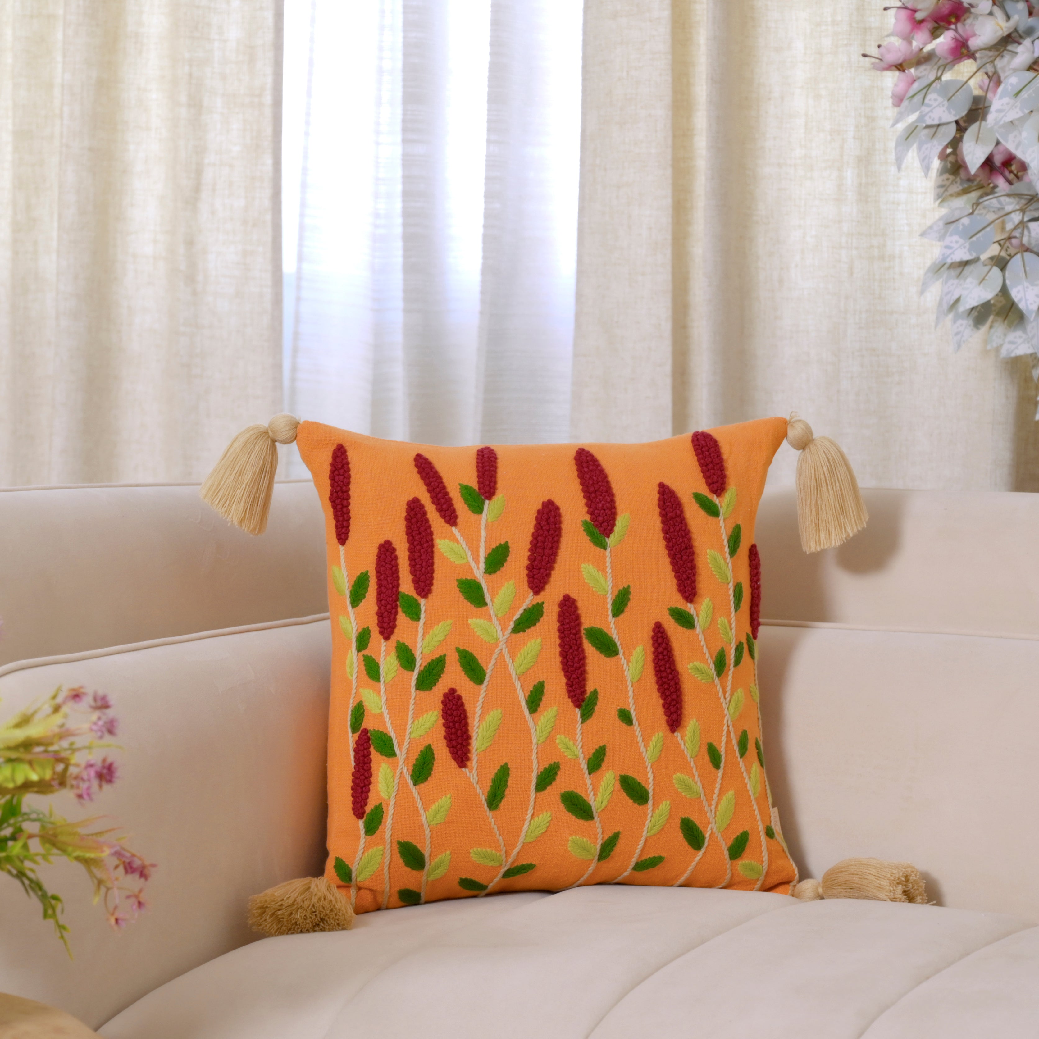 Embroidered Wildflower Tassel Cushion Cover | Square Decorative Pillowcase – Mustard Yellow with Burgundy Floral Accents Set of 1 Pc