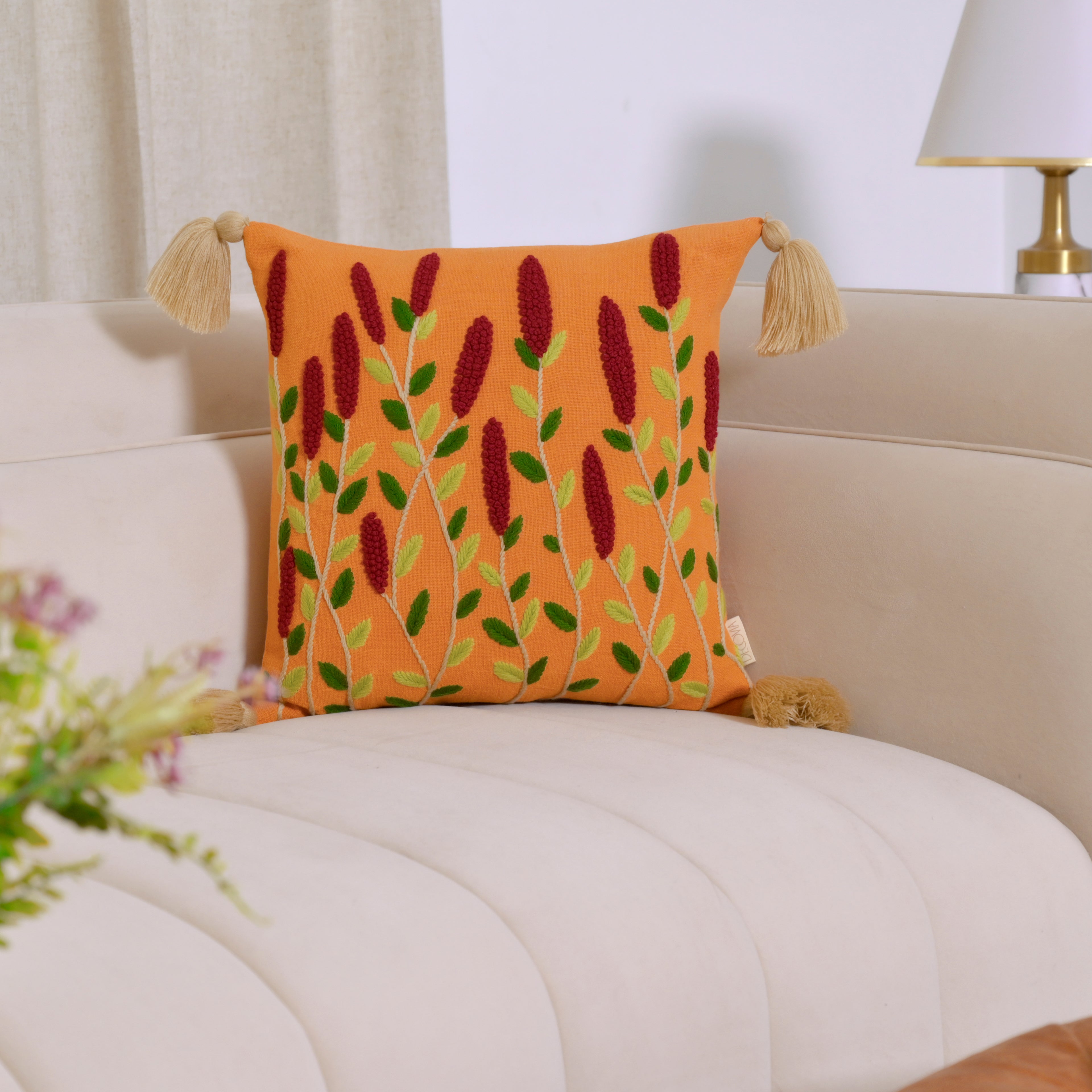 Embroidered Wildflower Tassel Cushion Cover | Square Decorative Pillowcase – Mustard Yellow with Burgundy Floral Accents Set of 1 Pc