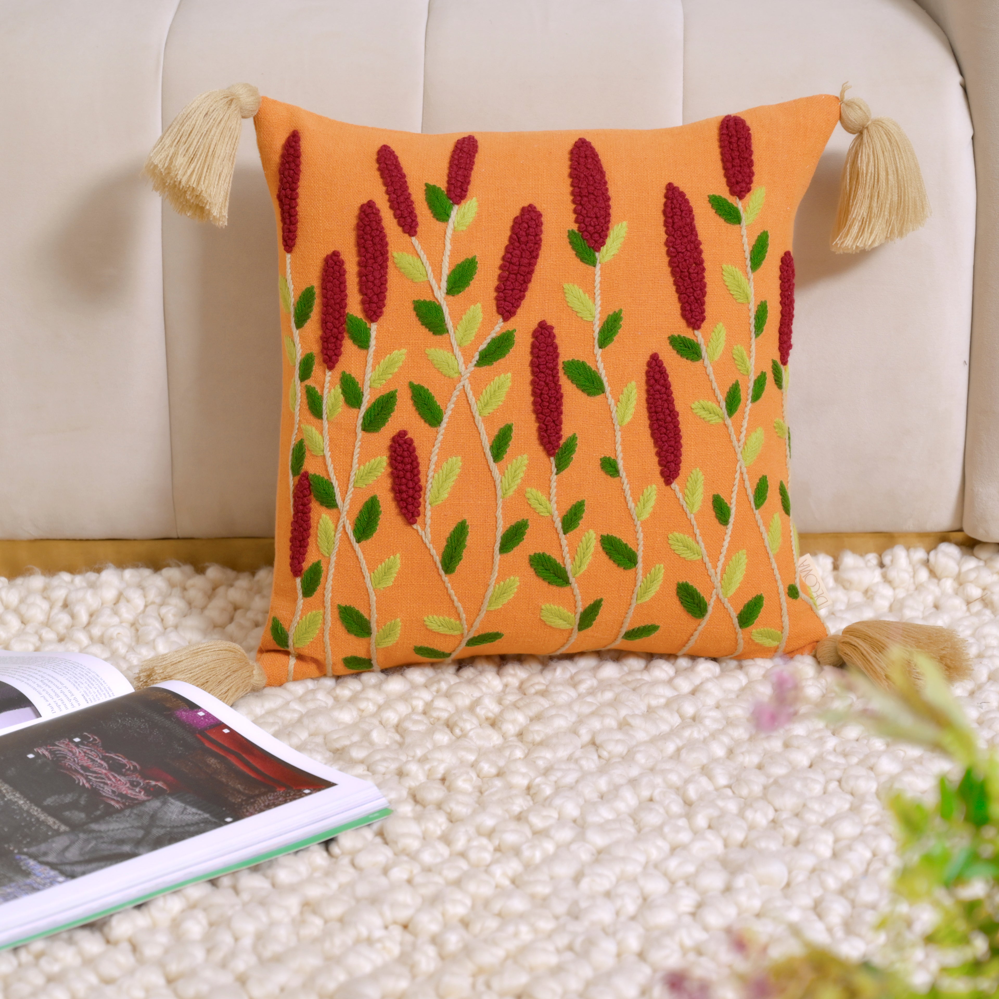 Embroidered Wildflower Tassel Cushion Cover | Square Decorative Pillowcase – Mustard Yellow with Burgundy Floral Accents Set of 1 Pc