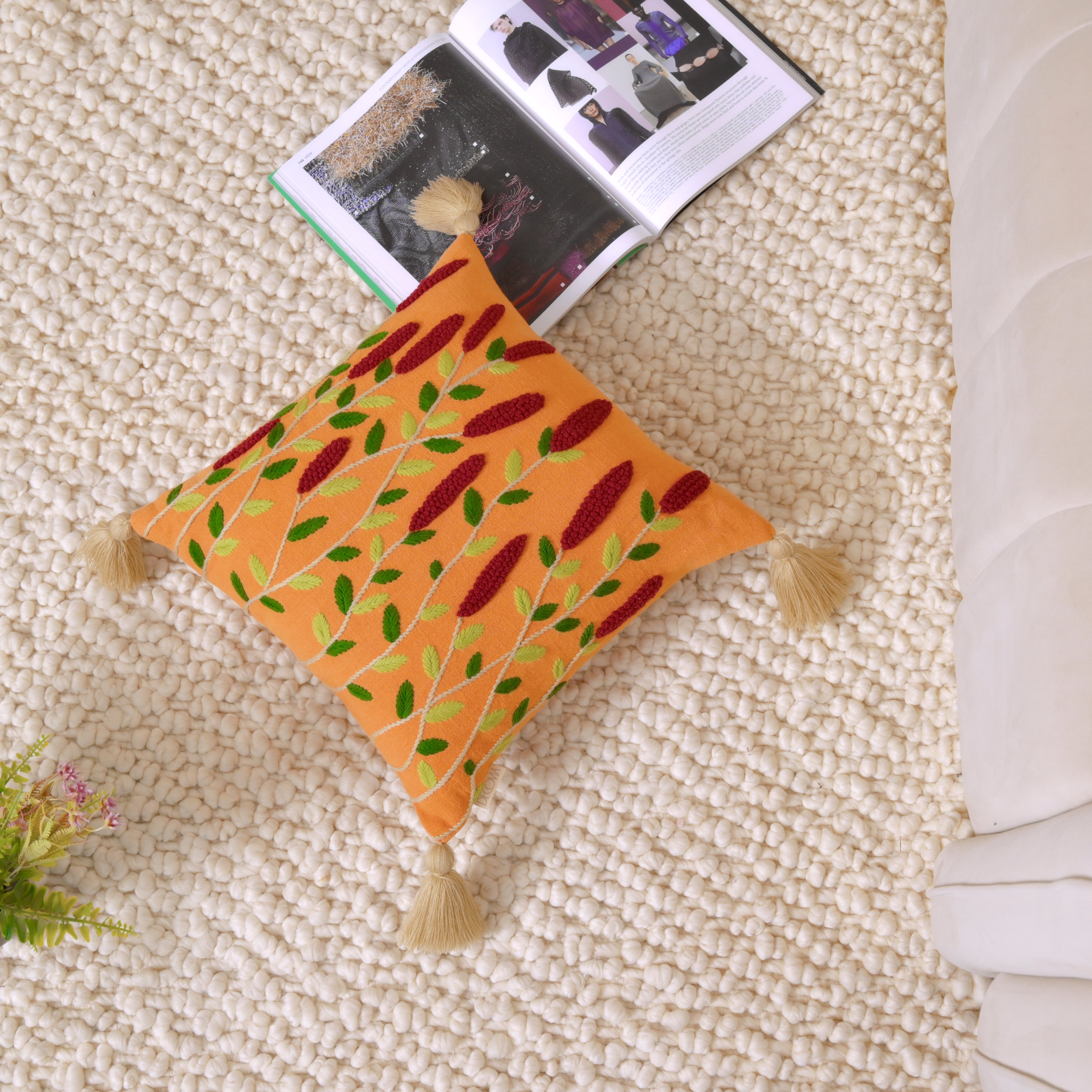 Embroidered Wildflower Tassel Cushion Cover | Square Decorative Pillowcase – Mustard Yellow with Burgundy Floral Accents Set of 1 Pc