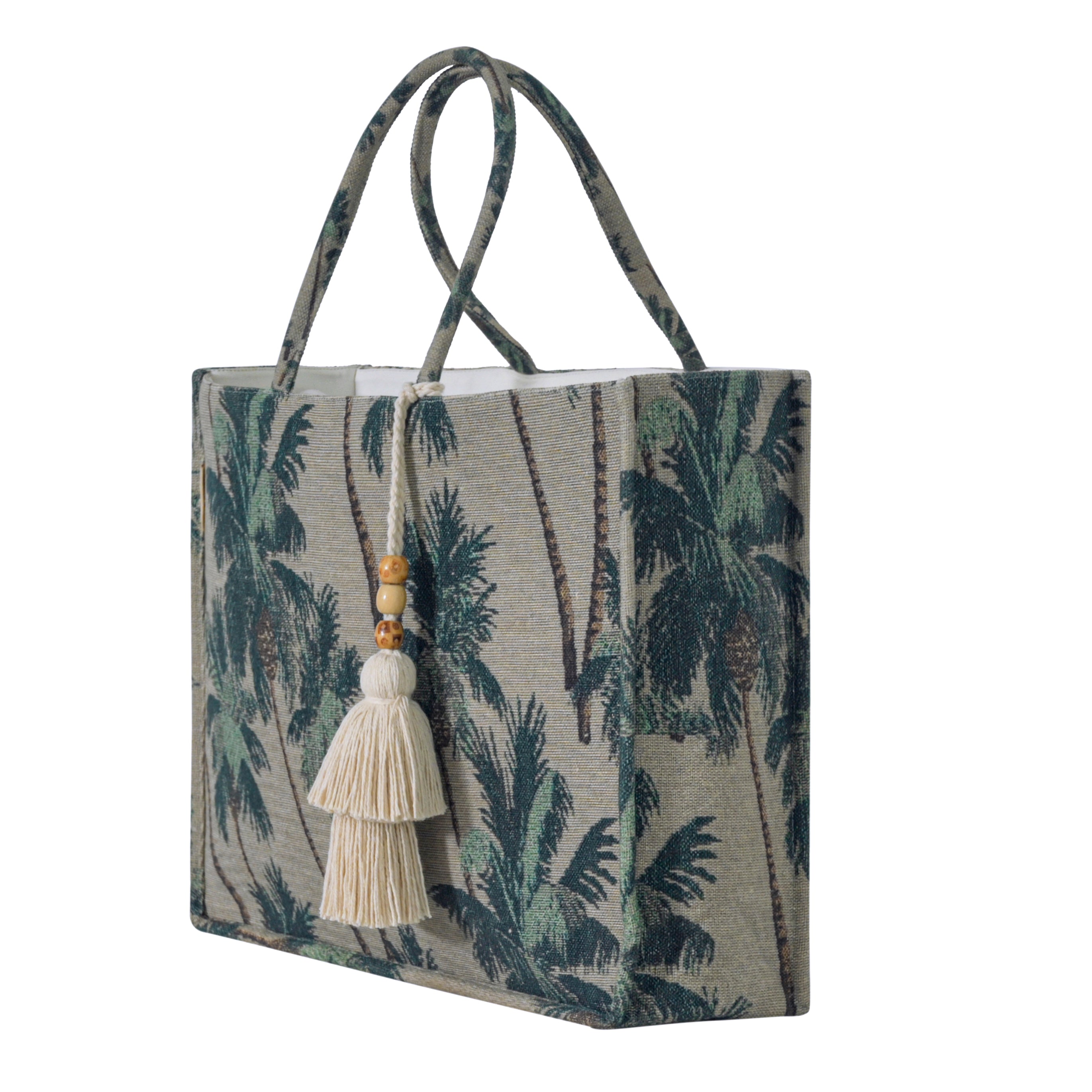 The Wanderlust Tapestry Tote Bag – Vintage Palm Print with Hand-Knotted Tassel