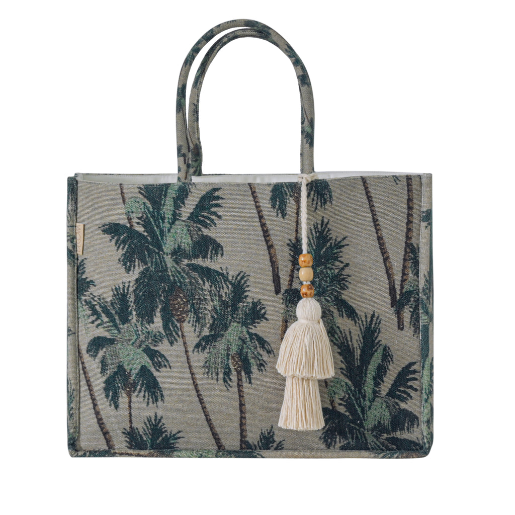 The Wanderlust Tapestry Tote Bag – Vintage Palm Print with Hand-Knotted Tassel