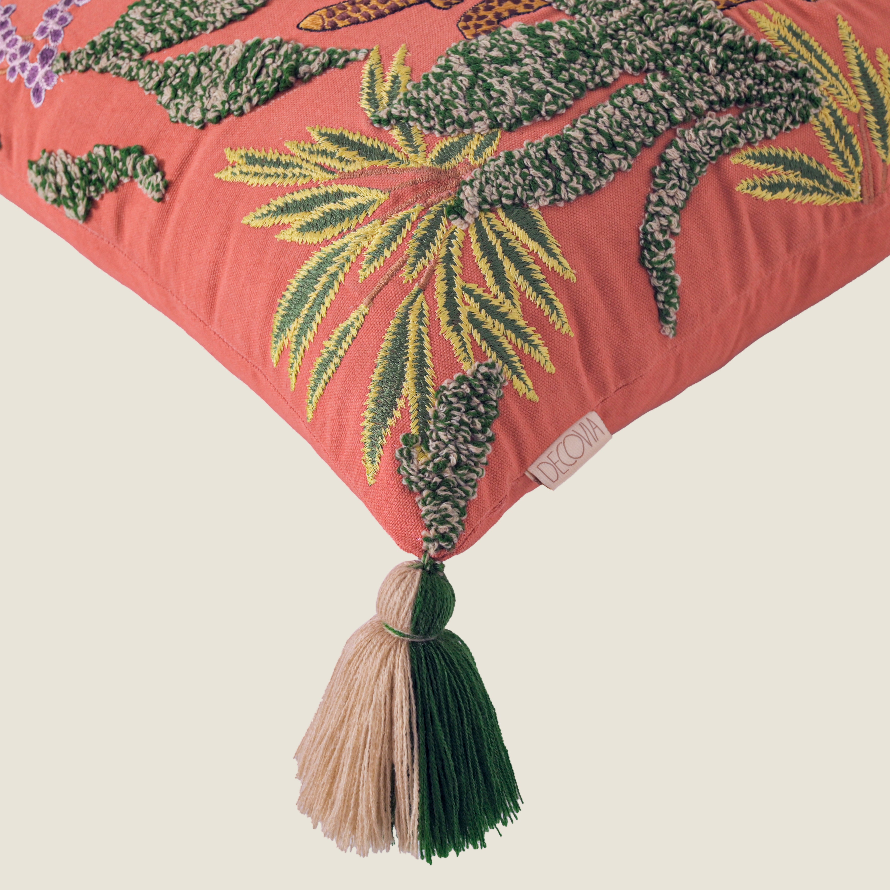 Hand-Embroidered Leopard Cushion Cover | Square Decorative Pillow Case with Tassels Set of 1 Pc