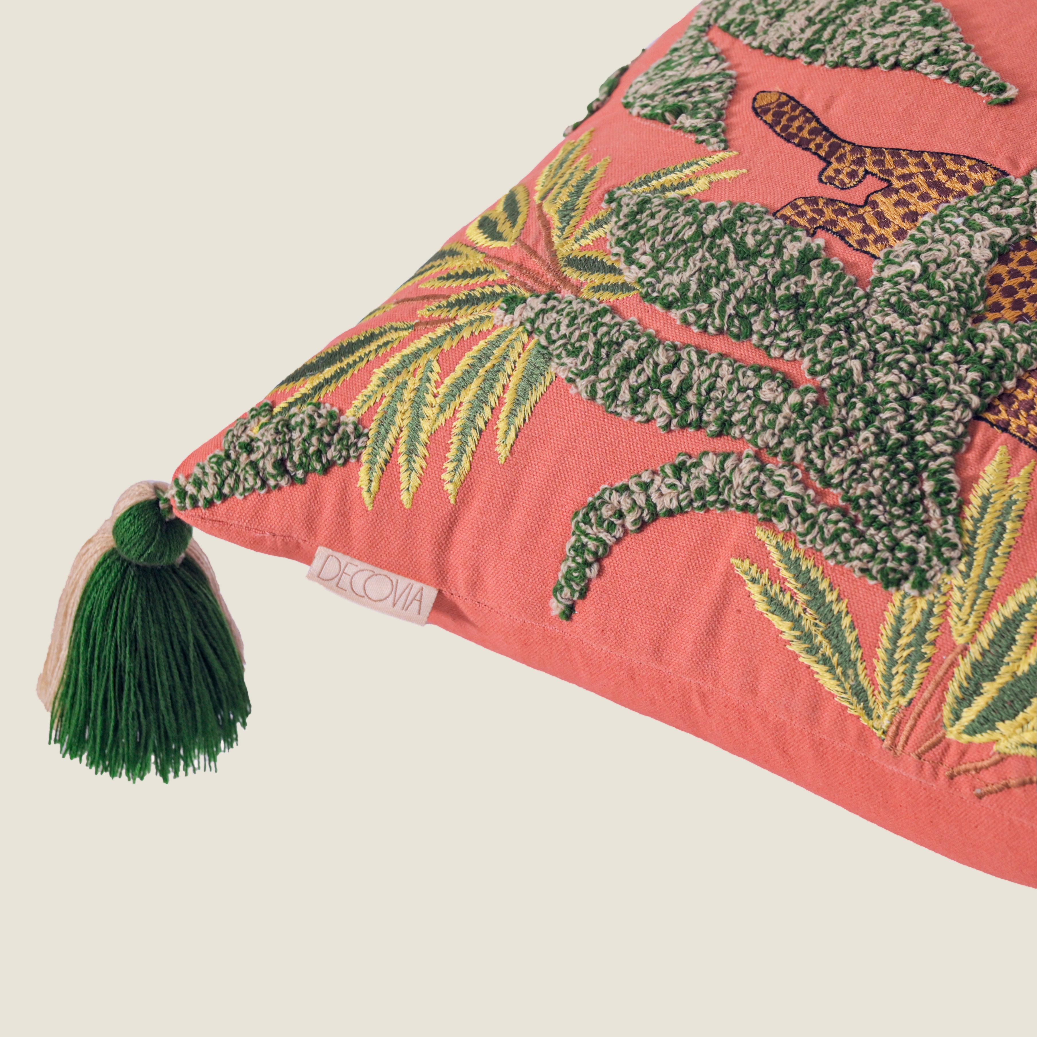 Hand-Embroidered Leopard Cushion Cover | Square Decorative Pillow Case with Tassels Set of 1 Pc