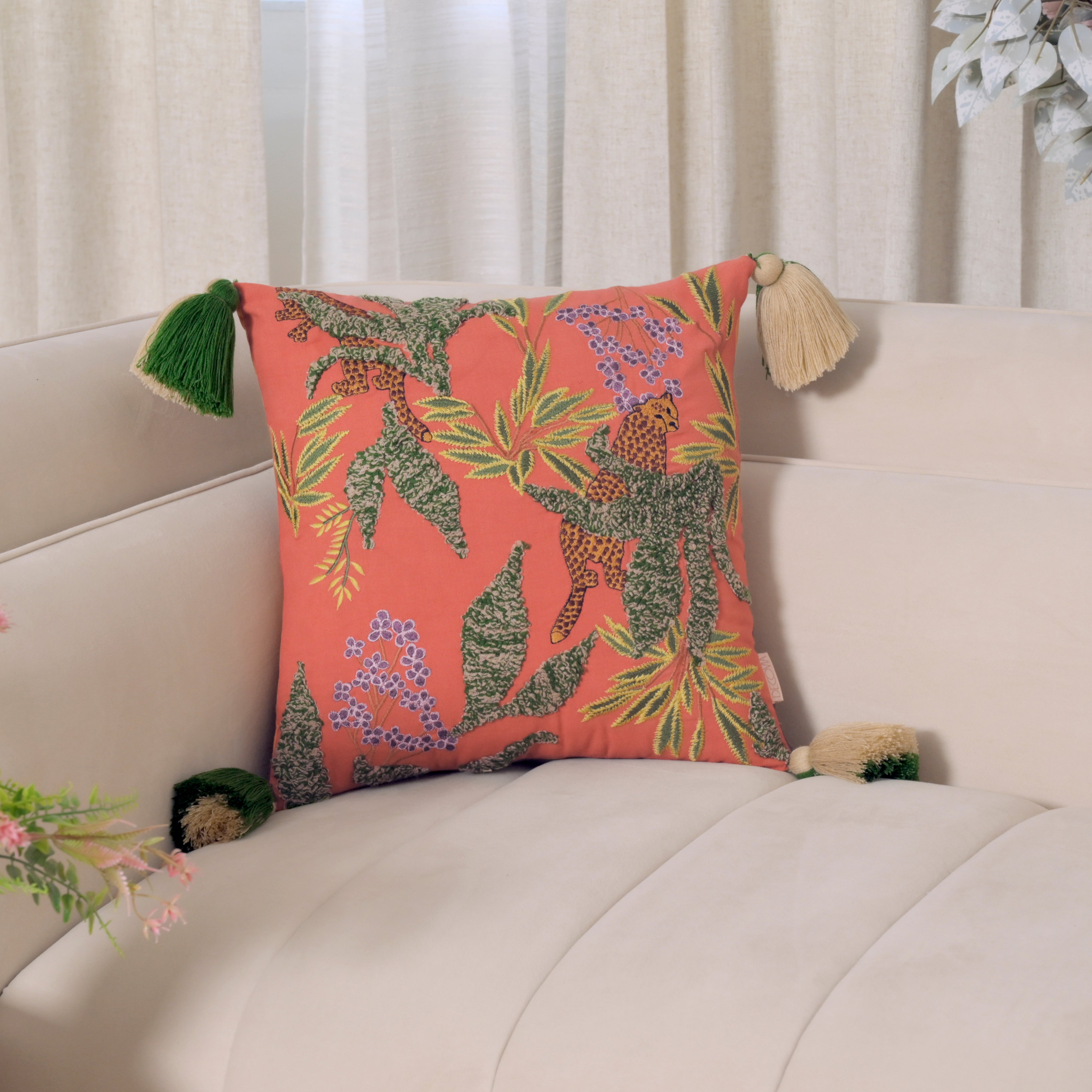 Hand-Embroidered Leopard Cushion Cover | Square Decorative Pillow Case with Tassels Set of 1 Pc