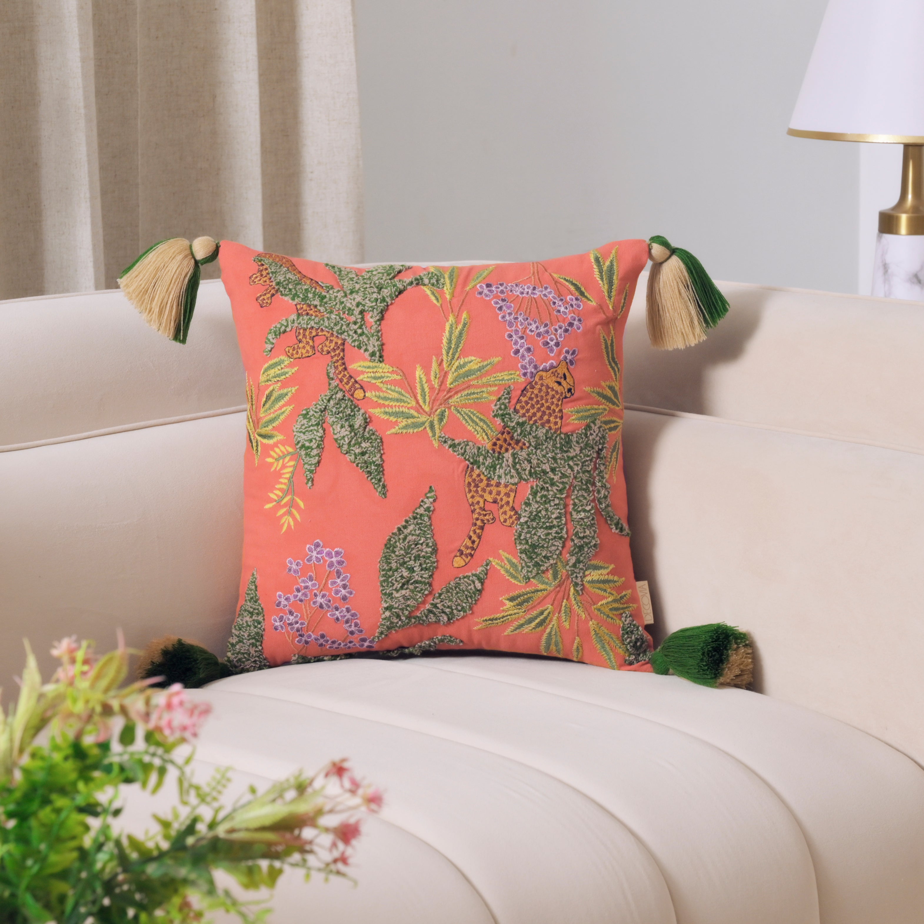 Hand-Embroidered Leopard Cushion Cover | Square Decorative Pillow Case with Tassels Set of 1 Pc