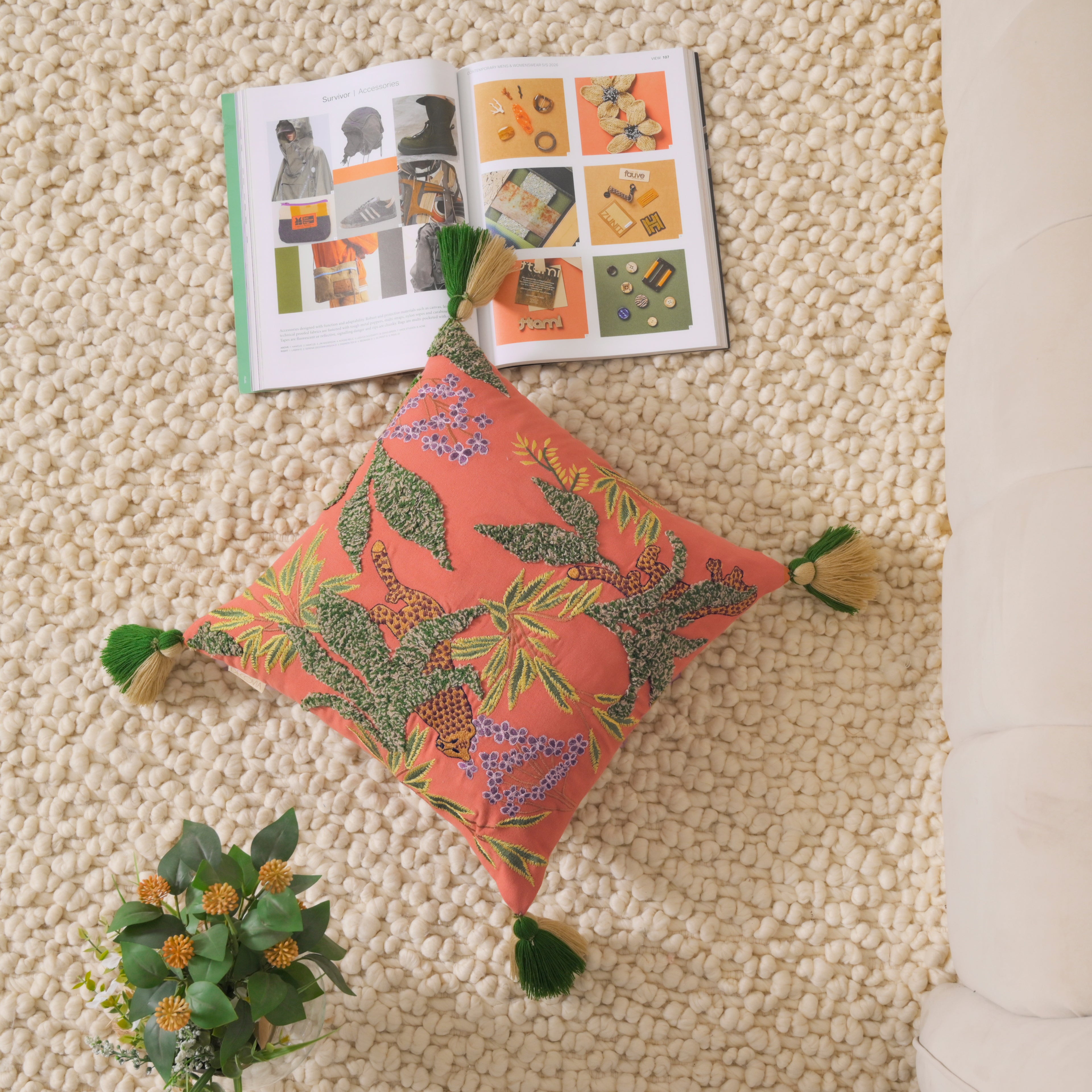 Hand-Embroidered Leopard Cushion Cover | Square Decorative Pillow Case with Tassels Set of 1 Pc