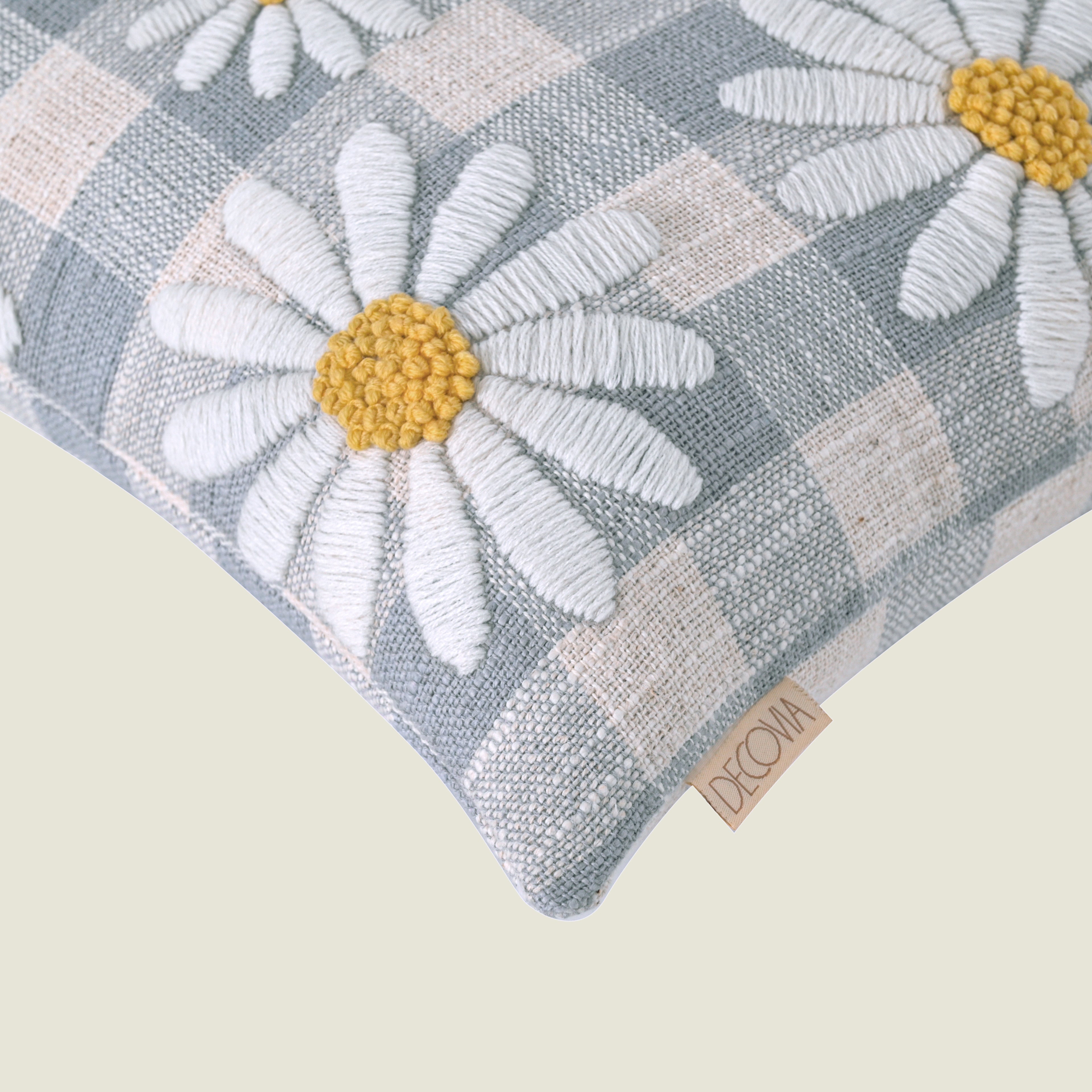 Daisy Flower Embroidery Cushion Cover | Blue & White Check Square Cushion Set of 1 Pc