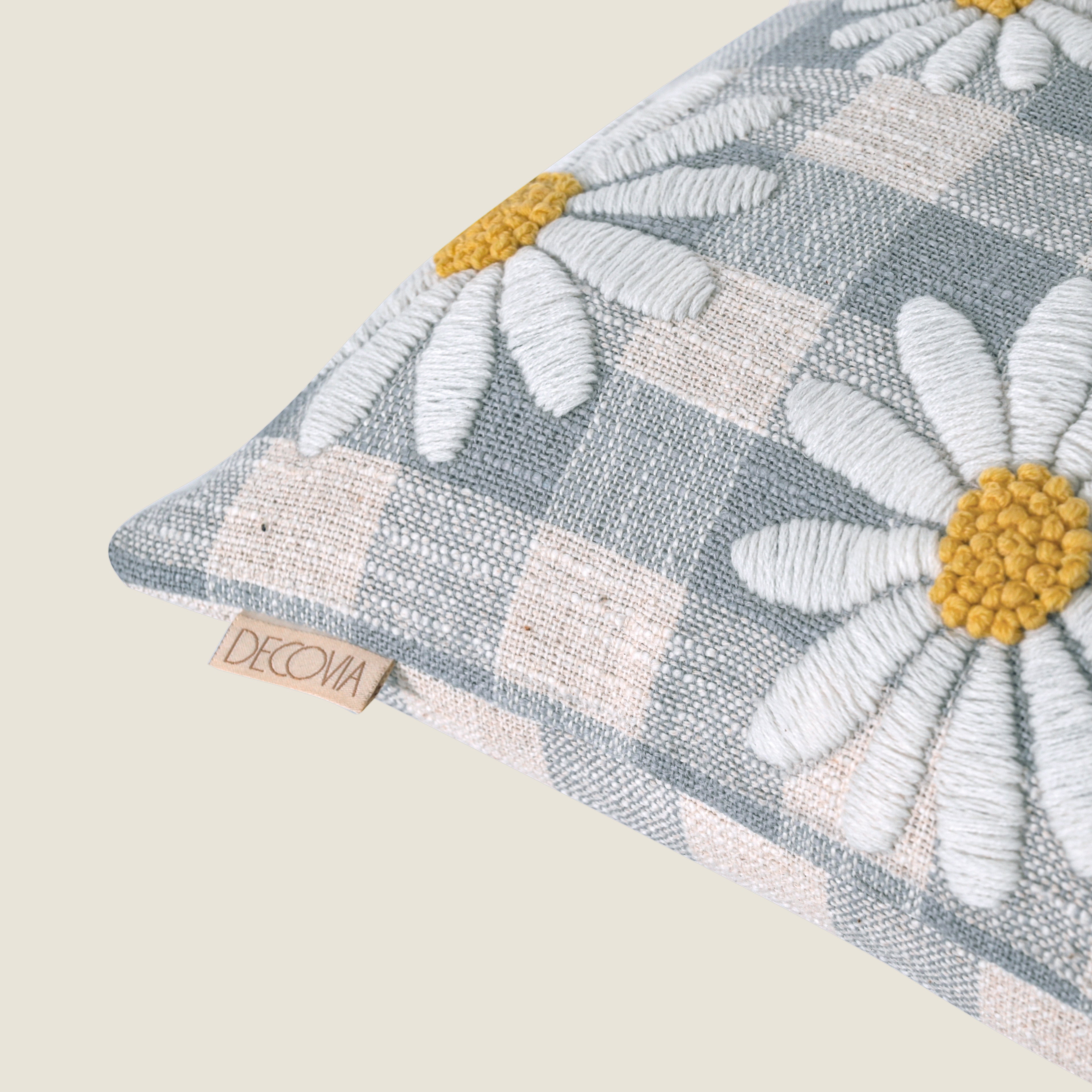 Daisy Flower Embroidery Cushion Cover | Blue & White Check Square Cushion Set of 1 Pc