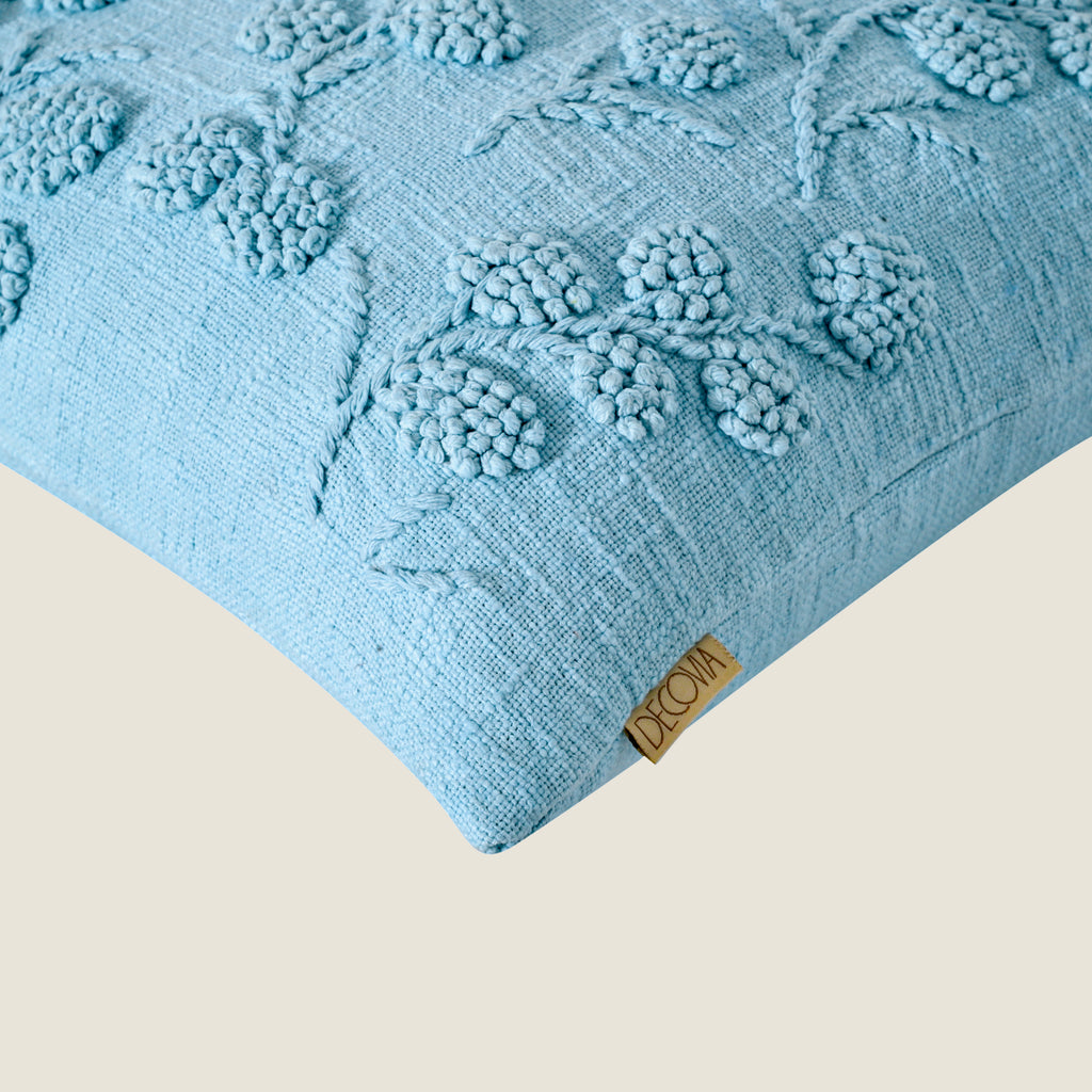 Sky Blue Embroidered Floral Pillow Cover | Textured Cotton Accent Cushion Cover Set of 1 Pc