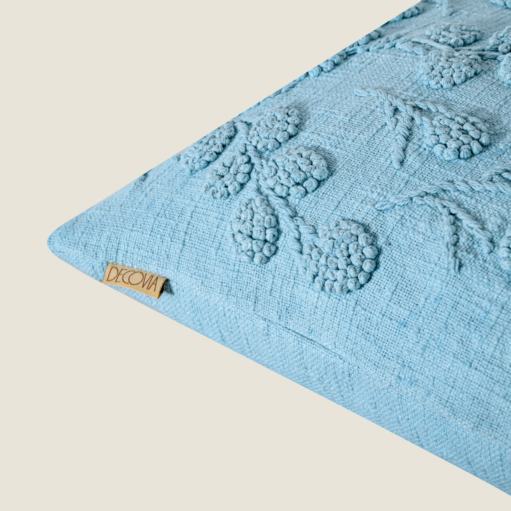 Sky Blue Embroidered Floral Pillow Cover | Textured Cotton Accent Cushion Cover Set of 1 Pc