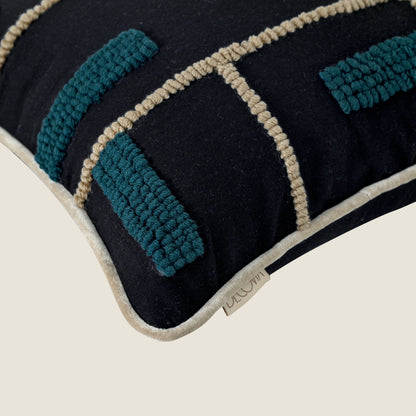 Modern Geometric Tufted Pillow Cover | Black &amp; Teal Textured Cushion – Abstract Decor for Sofa or Living Room Set of 1 Pc
