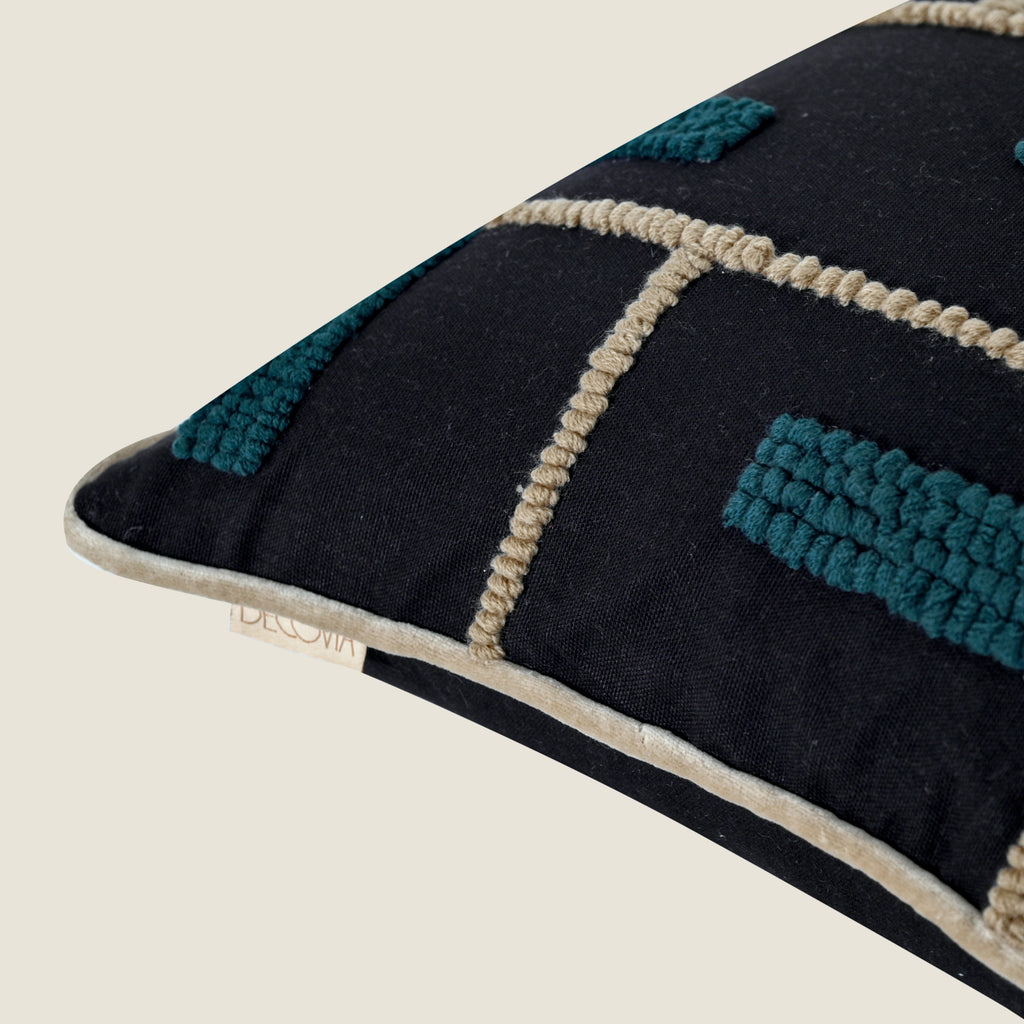 Modern Geometric Tufted Pillow Cover | Black & Teal Textured Cushion – Abstract Decor for Sofa or Living Room Set of 1 Pc