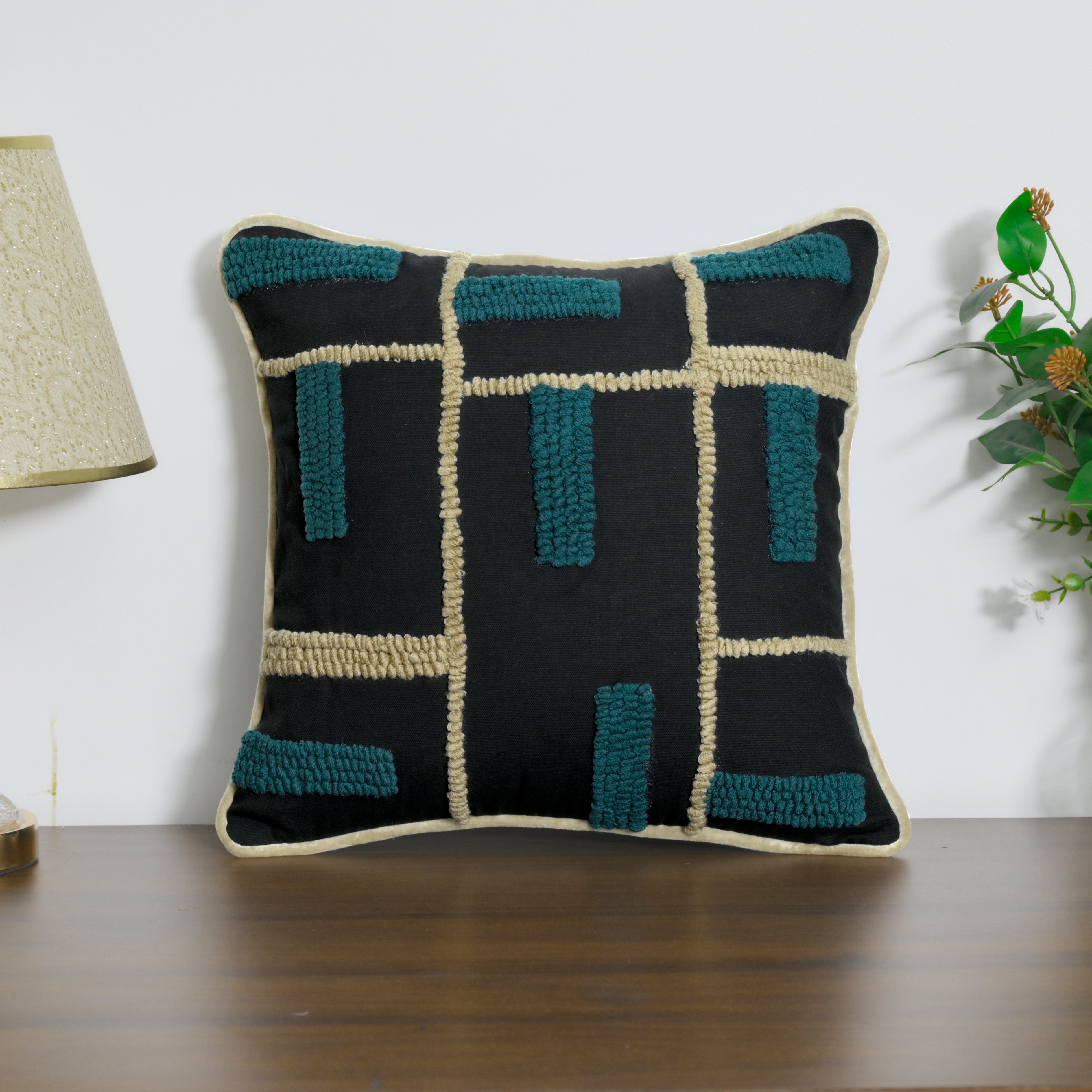 Modern Geometric Tufted Pillow Cover | Black & Teal Textured Cushion – Abstract Decor for Sofa or Living Room Set of 1 Pc