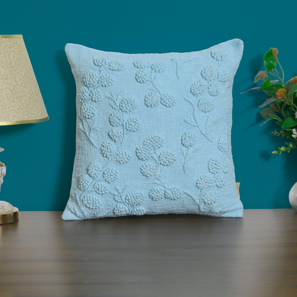 Sky Blue Embroidered Floral Pillow Cover | Textured Cotton Accent Cushion Cover Set of 1 Pc