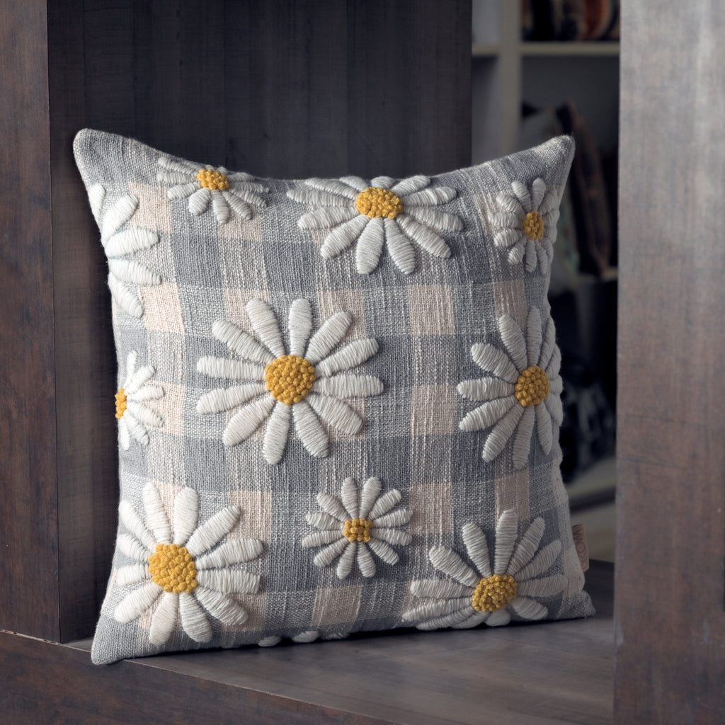 Daisy Flower Embroidery Cushion Cover | Blue & White Check Square Cushion Set of 1 Pc