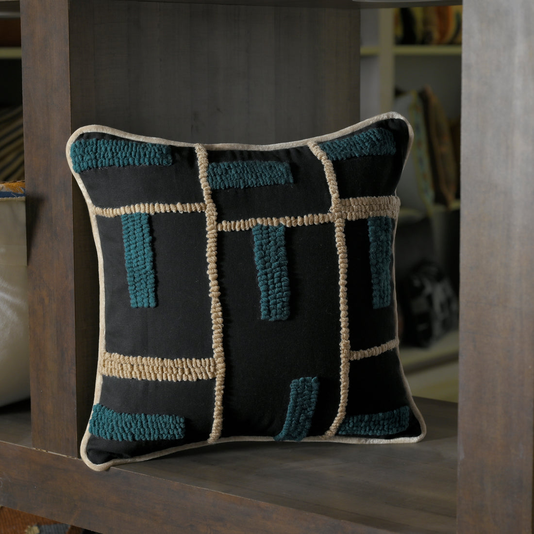 Modern Geometric Tufted Pillow Cover | Black &amp; Teal Textured Cushion – Abstract Decor for Sofa or Living Room Set of 1 Pc