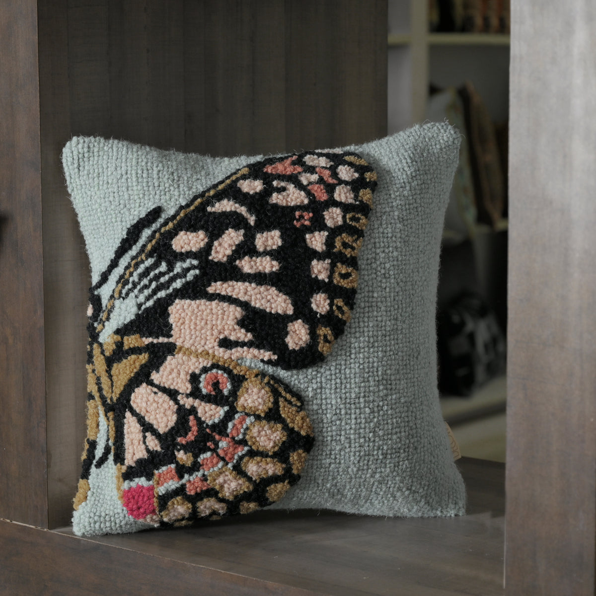 Hand-Hooked Butterfly Decorative Pillow Cover | Sage Green Textured Cushion - Inspired Decor for Kids Room Set of 1 Pc