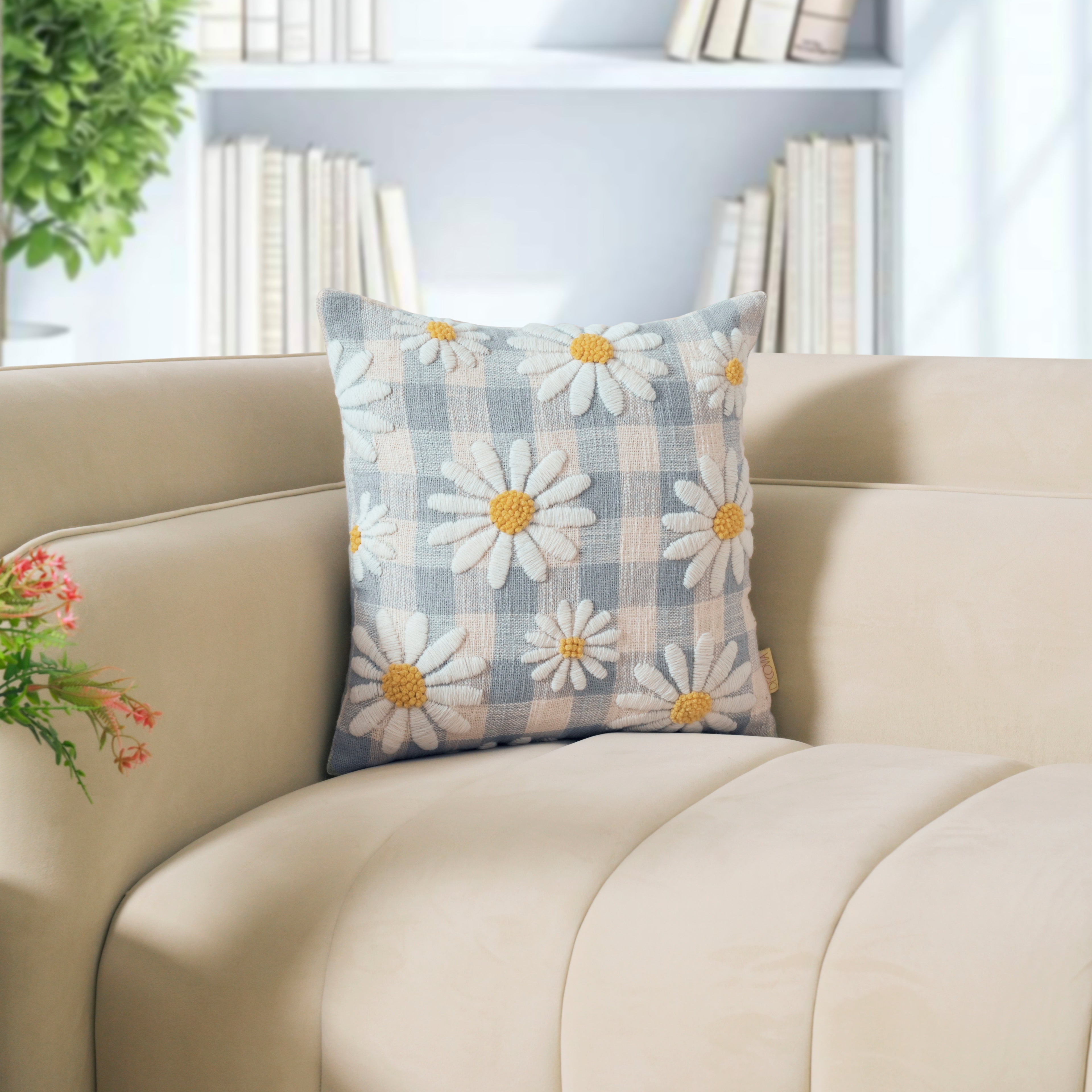 Daisy Flower Embroidery Cushion Cover | Blue & White Check Square Cushion Set of 1 Pc