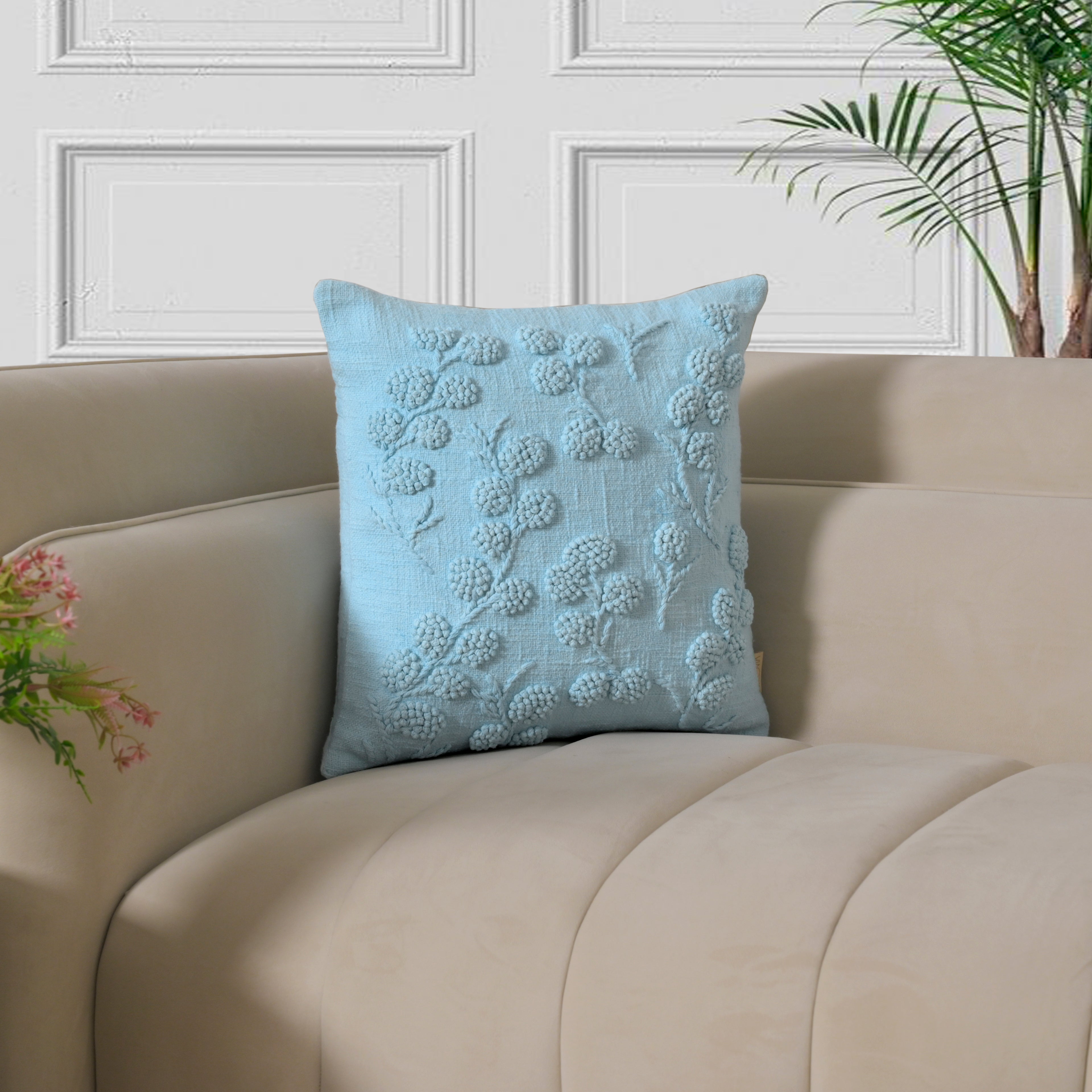 Sky Blue Embroidered Floral Pillow Cover | Textured Cotton Accent Cushion Cover Set of 1 Pc