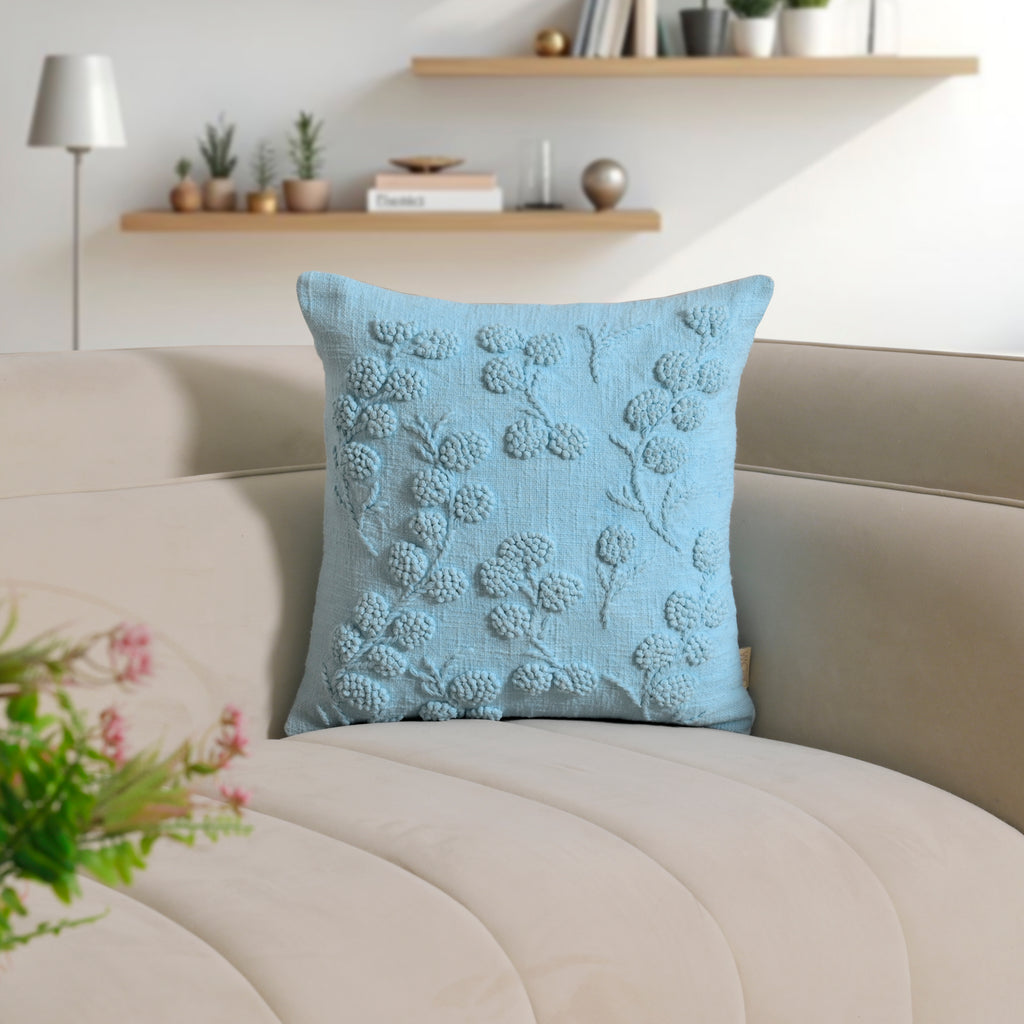 Sky Blue Embroidered Floral Pillow Cover | Textured Cotton Accent Cushion Cover Set of 1 Pc