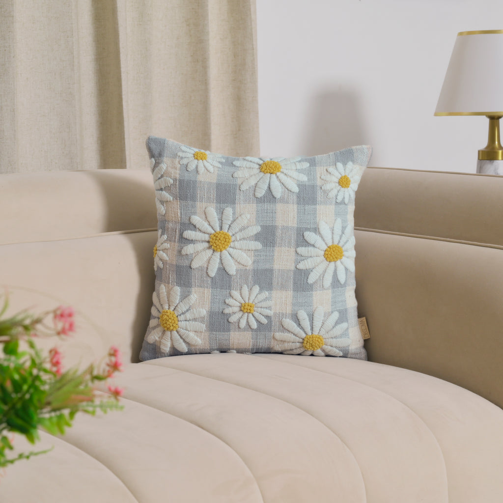 Daisy Flower Embroidery Cushion Cover | Blue & White Check Square Cushion Set of 1 Pc