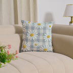 Daisy Flower Embroidery Cushion Cover | Blue & White Check Square Cushion Set of 1 Pc