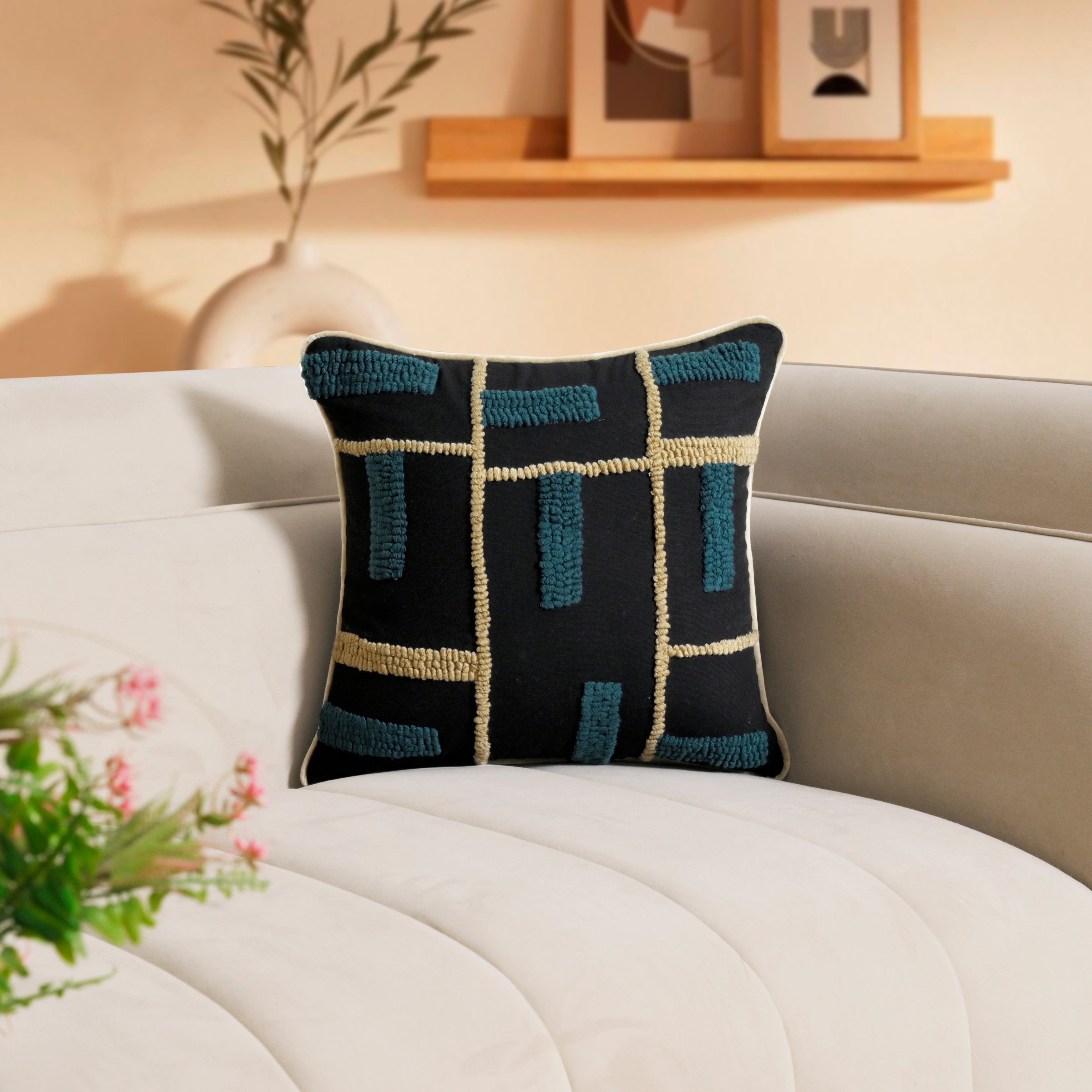 Modern Geometric Tufted Pillow Cover | Black & Teal Textured Cushion – Abstract Decor for Sofa or Living Room Set of 1 Pc