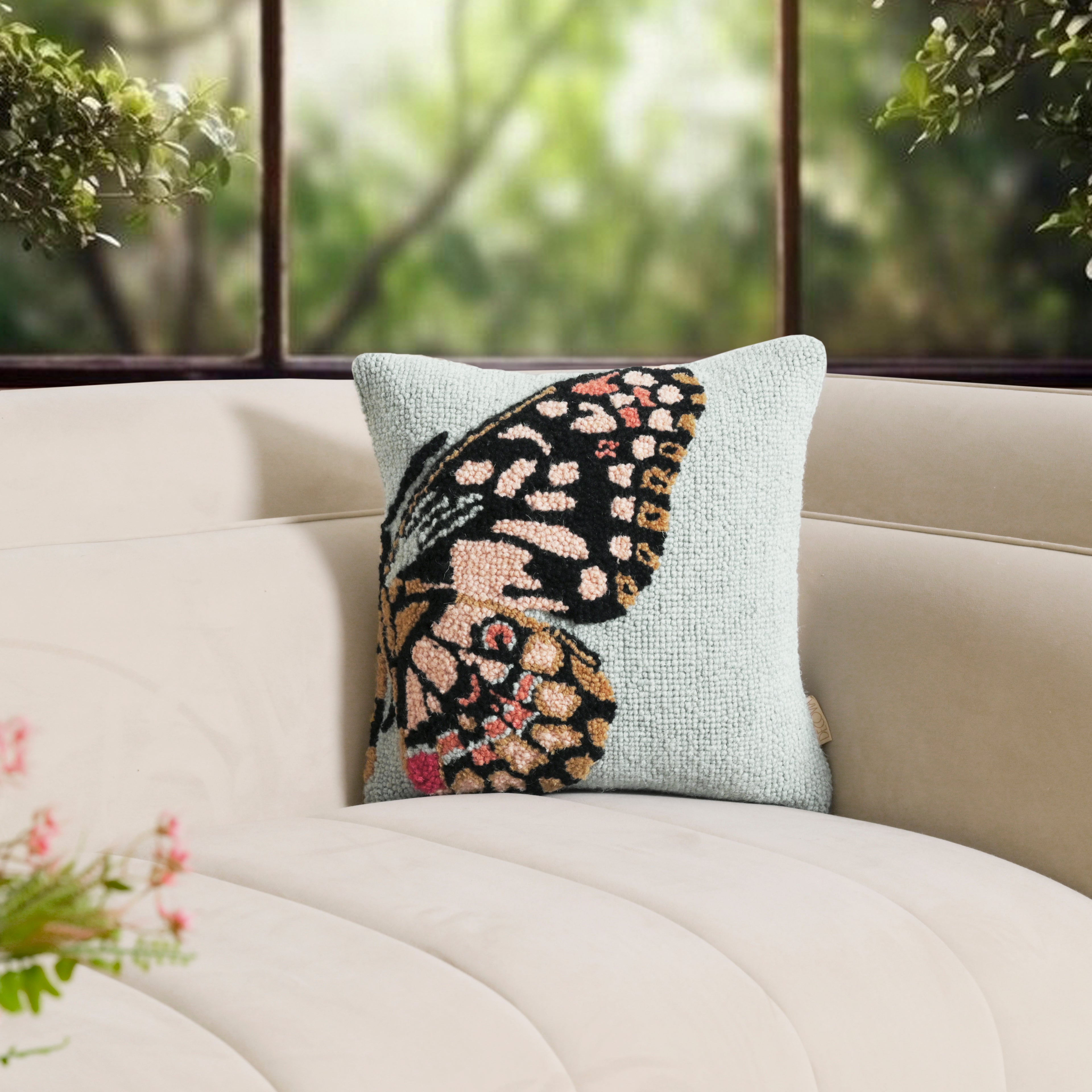 Hand-Hooked Butterfly Decorative Pillow Cover | Sage Green Textured Cushion - Inspired Decor for Kids Room Set of 1 Pc