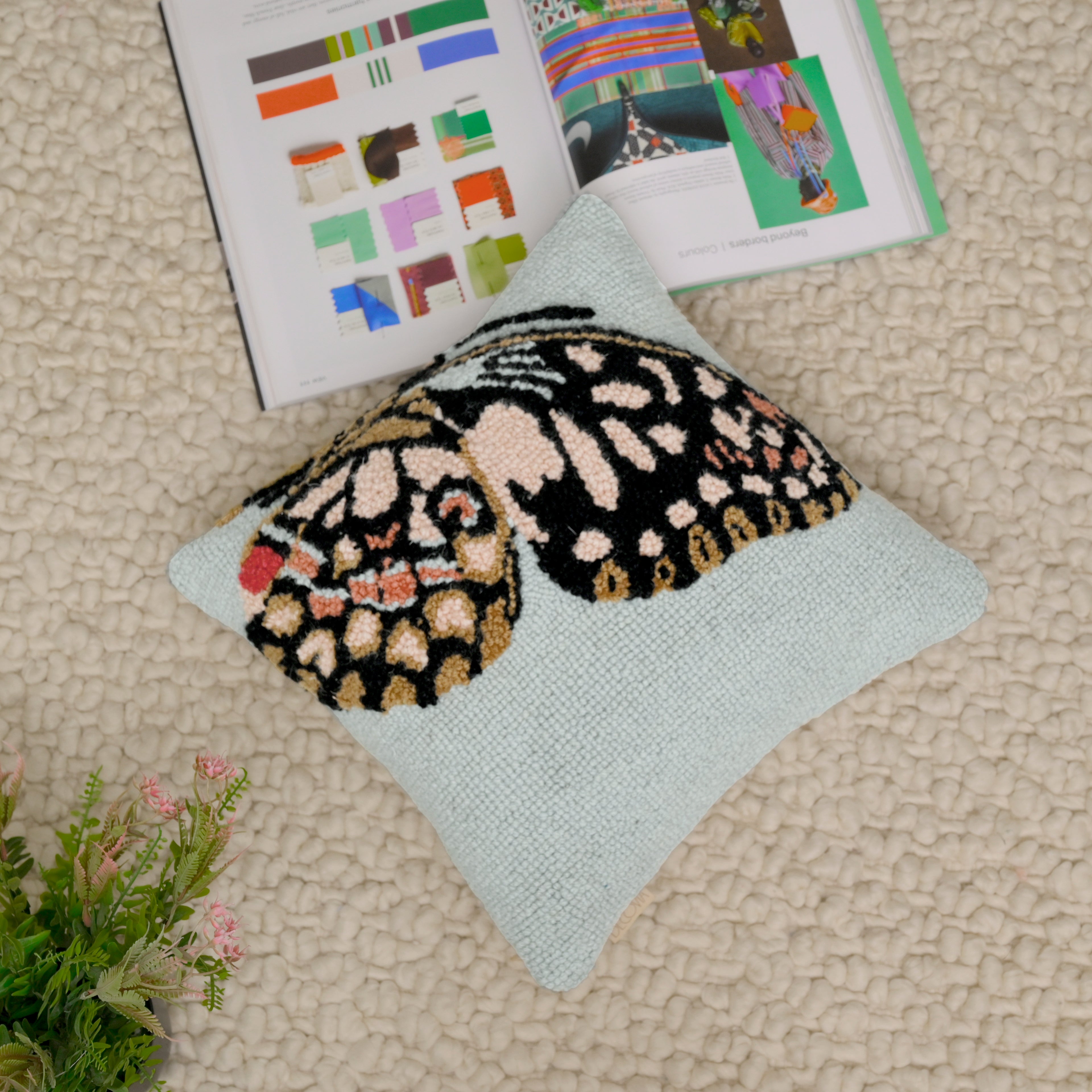 Hand-Hooked Butterfly Decorative Pillow Cover | Sage Green Textured Cushion - Inspired Decor for Kids Room Set of 1 Pc