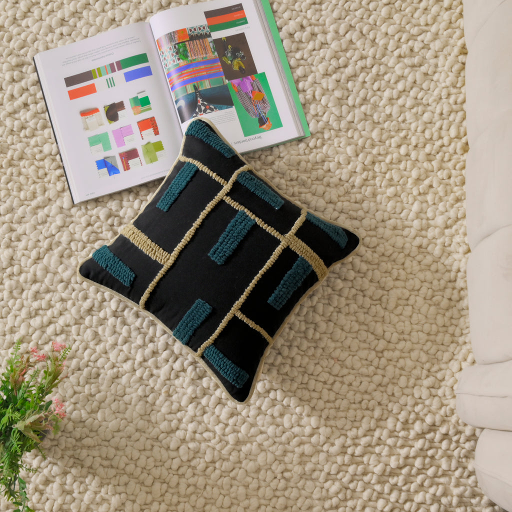 Modern Geometric Tufted Pillow Cover | Black & Teal Textured Cushion – Abstract Decor for Sofa or Living Room Set of 1 Pc