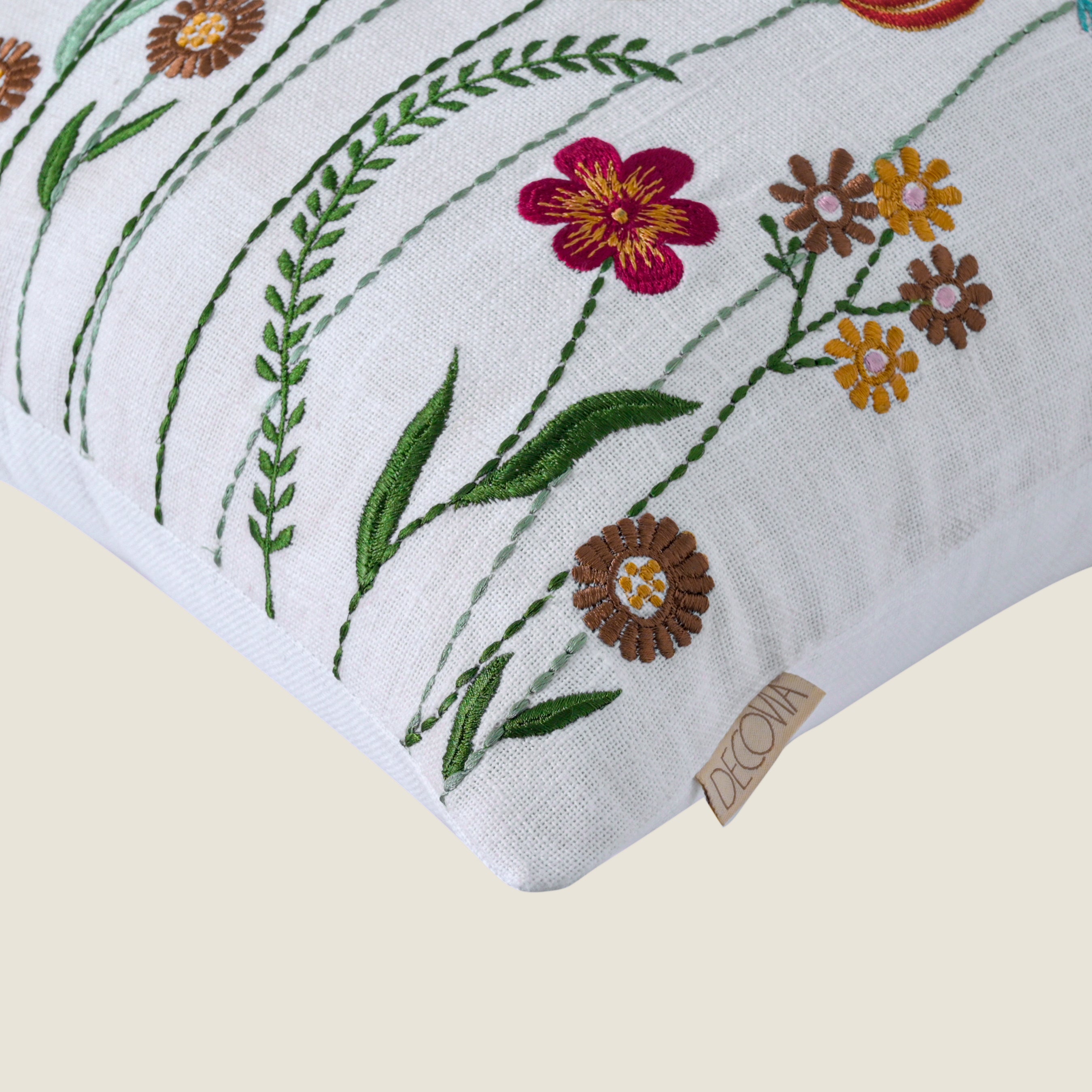 Boho Wildflower Garden Embroidered Pillow Cover | Square Botanical Accent White Set of 1 Pc