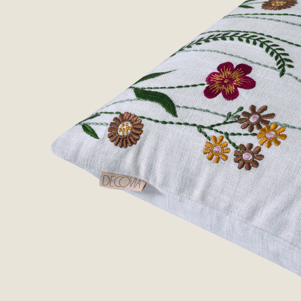 Boho Wildflower Garden Embroidered Pillow Cover | Square Botanical Accent White Set of 1 Pc