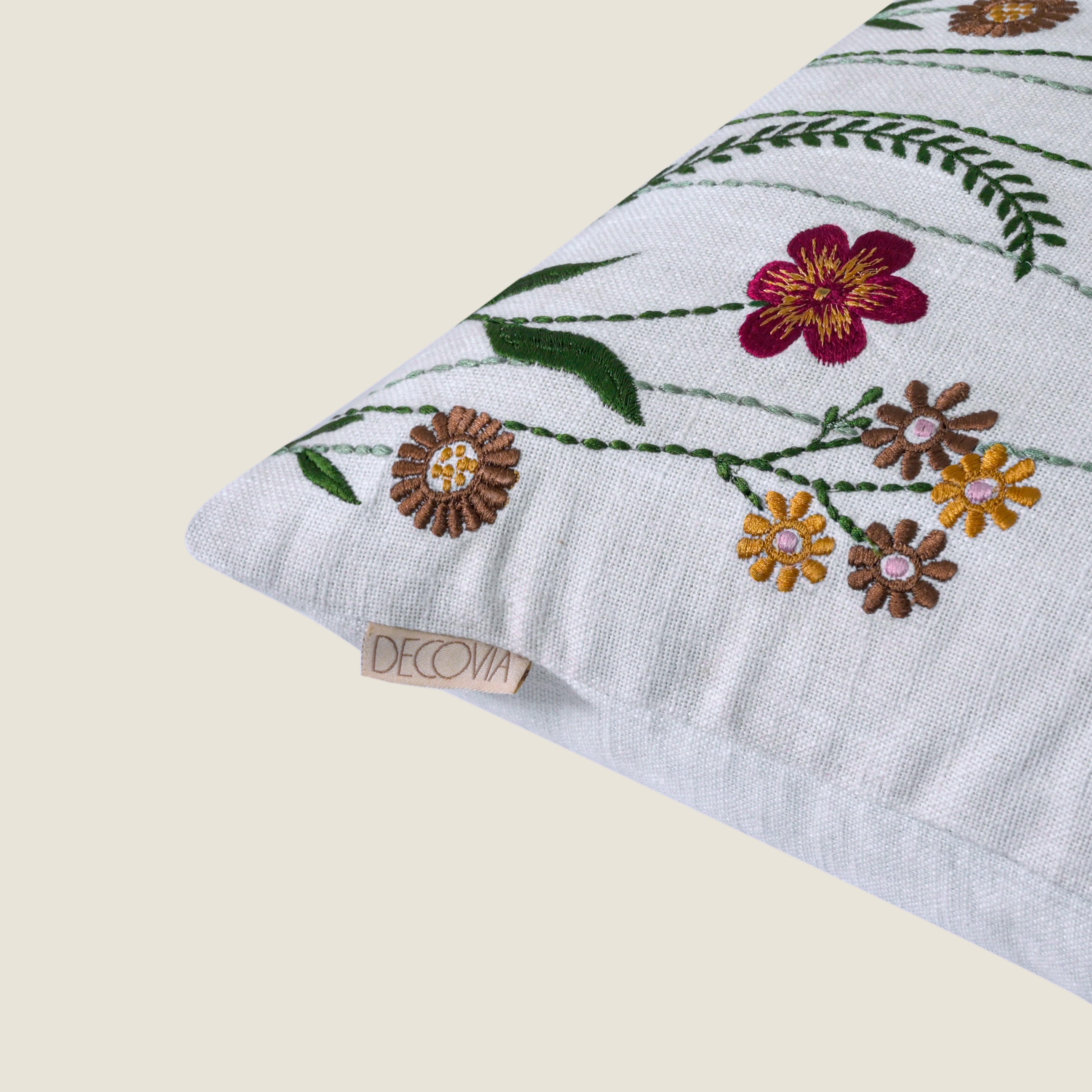 Boho Wildflower Garden Embroidered Pillow Cover | Square Botanical Accent White Set of 1 Pc
