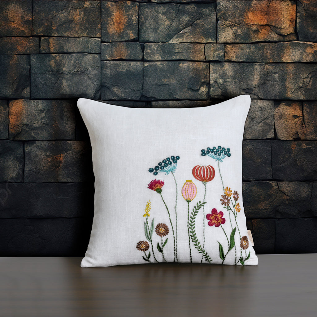Boho Wildflower Garden Embroidered Pillow Cover | Square Botanical Accent White Set of 1 Pc