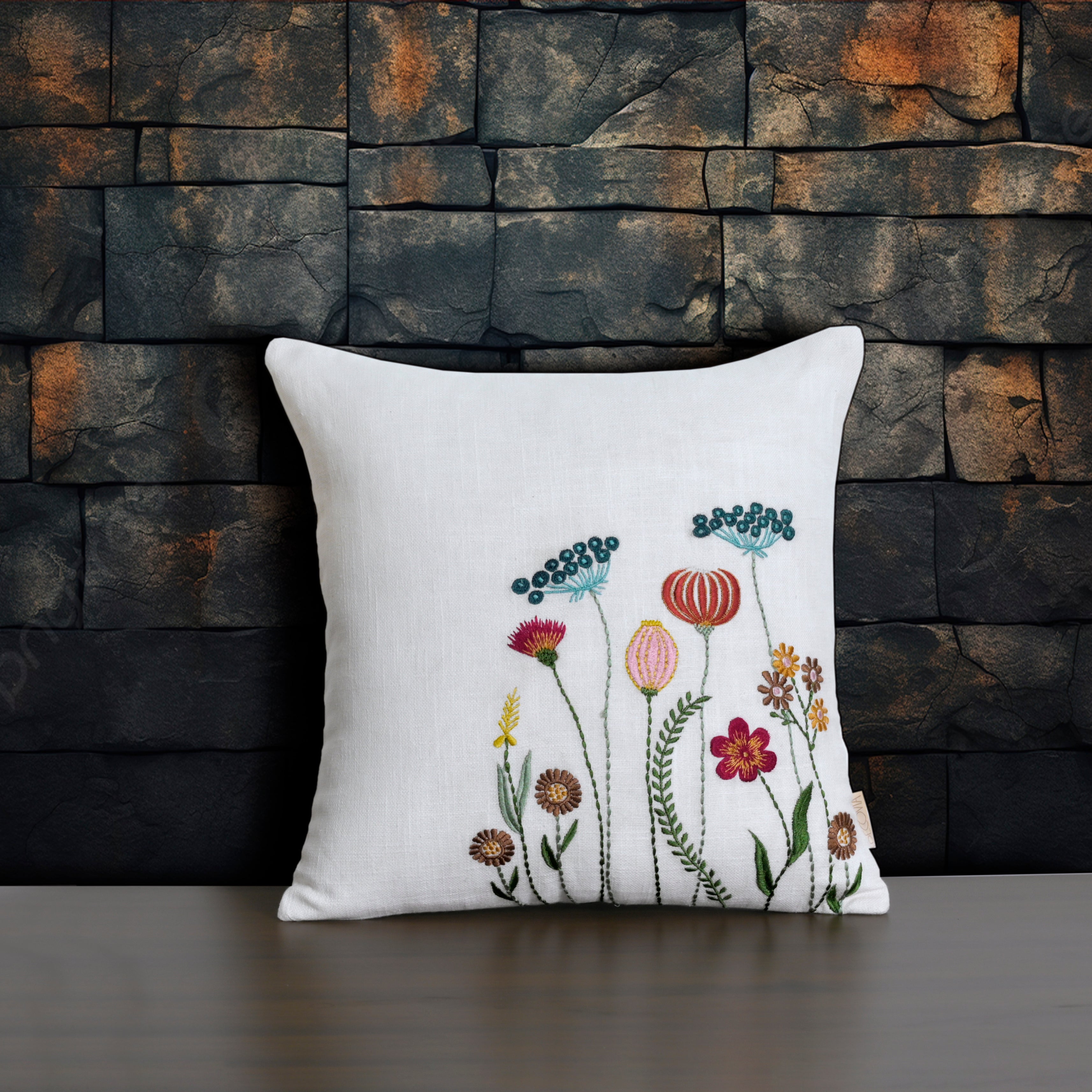Boho Wildflower Garden Embroidered Pillow Cover | Square Botanical Accent White Set of 1 Pc
