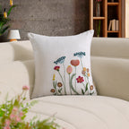 Boho Wildflower Garden Embroidered Pillow Cover | Square Botanical Accent White Set of 1 Pc
