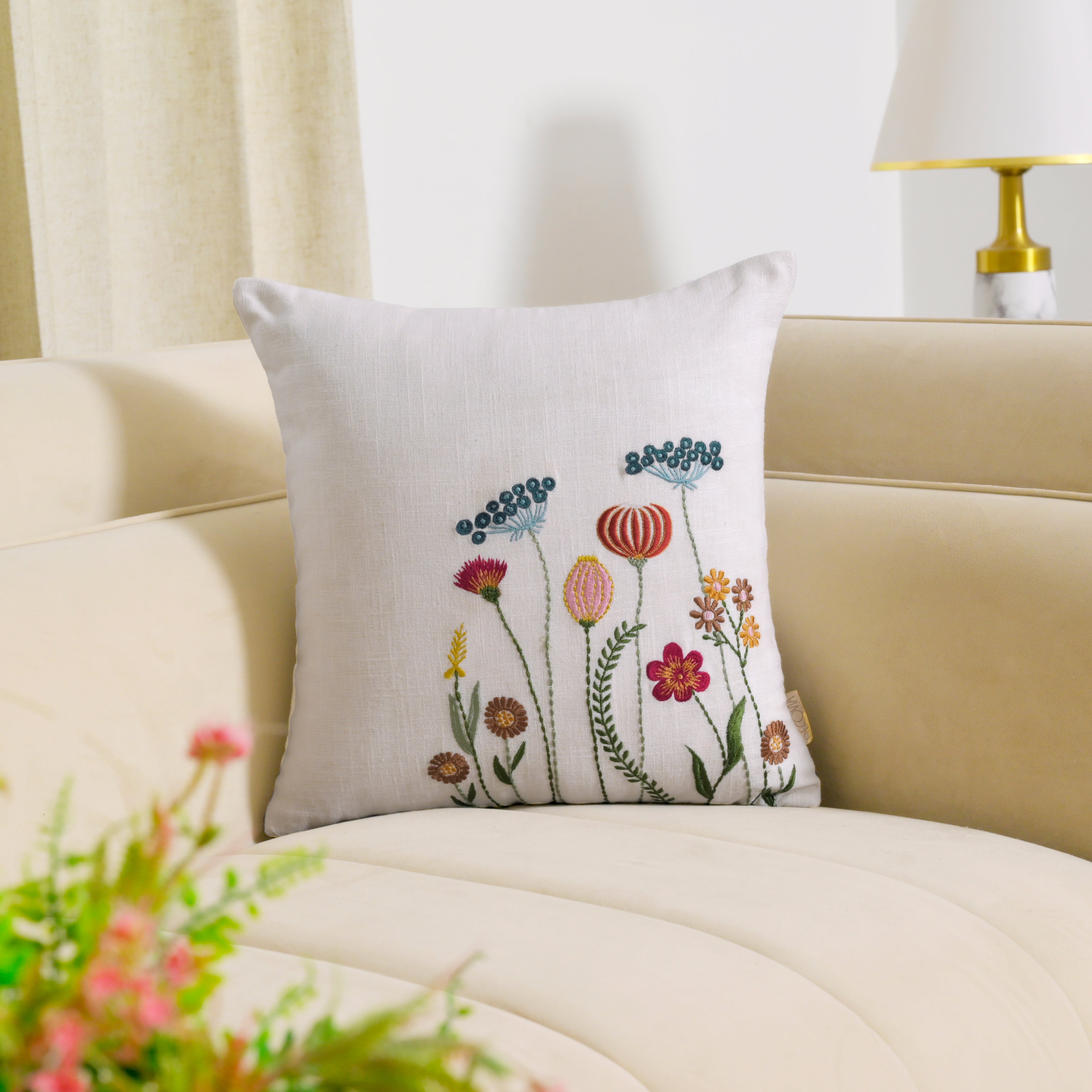 Boho Wildflower Garden Embroidered Pillow Cover | Square Botanical Accent White Set of 1 Pc