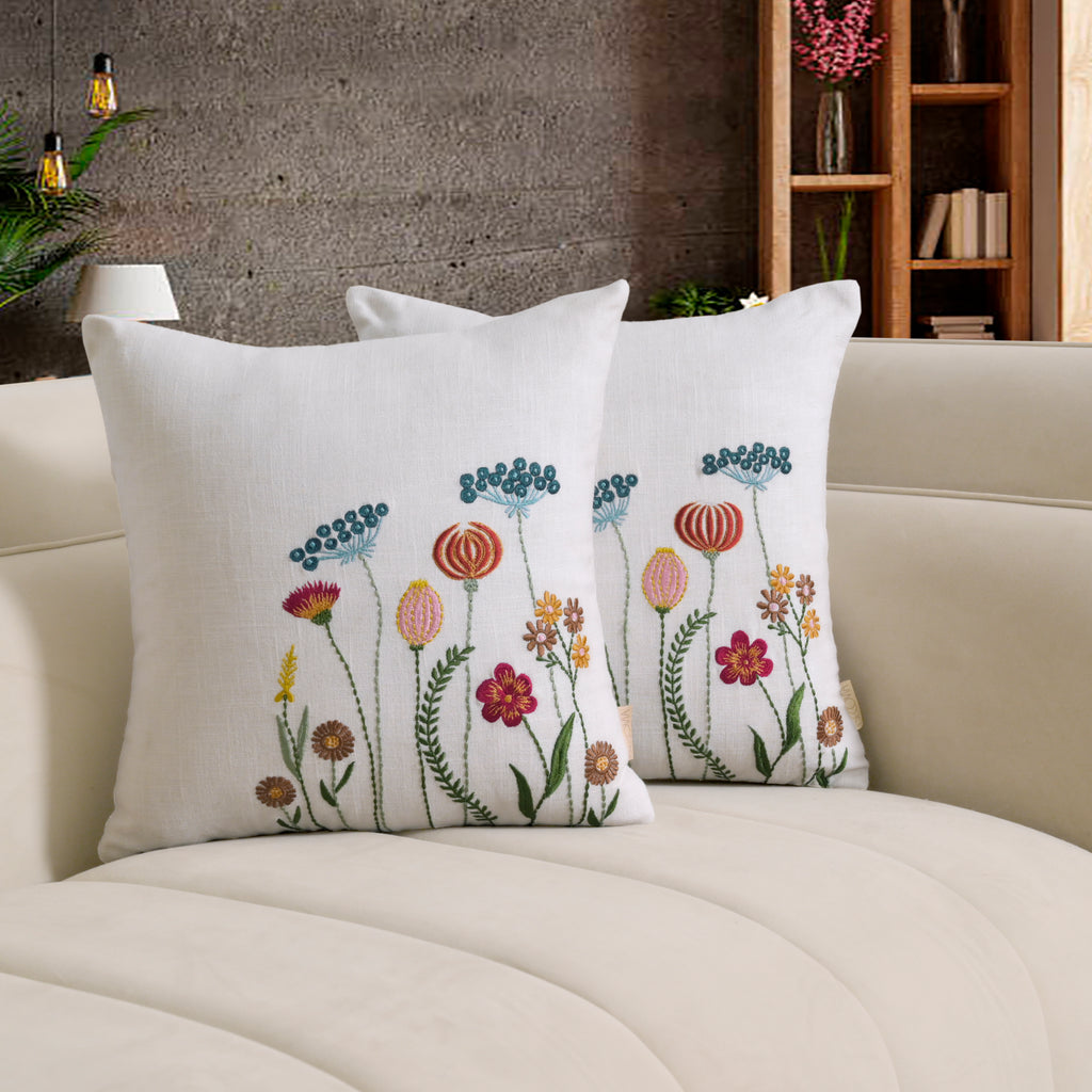 Boho Wildflower Garden Embroidered Pillow Cover | Square Botanical Accent White Set of 1 Pc