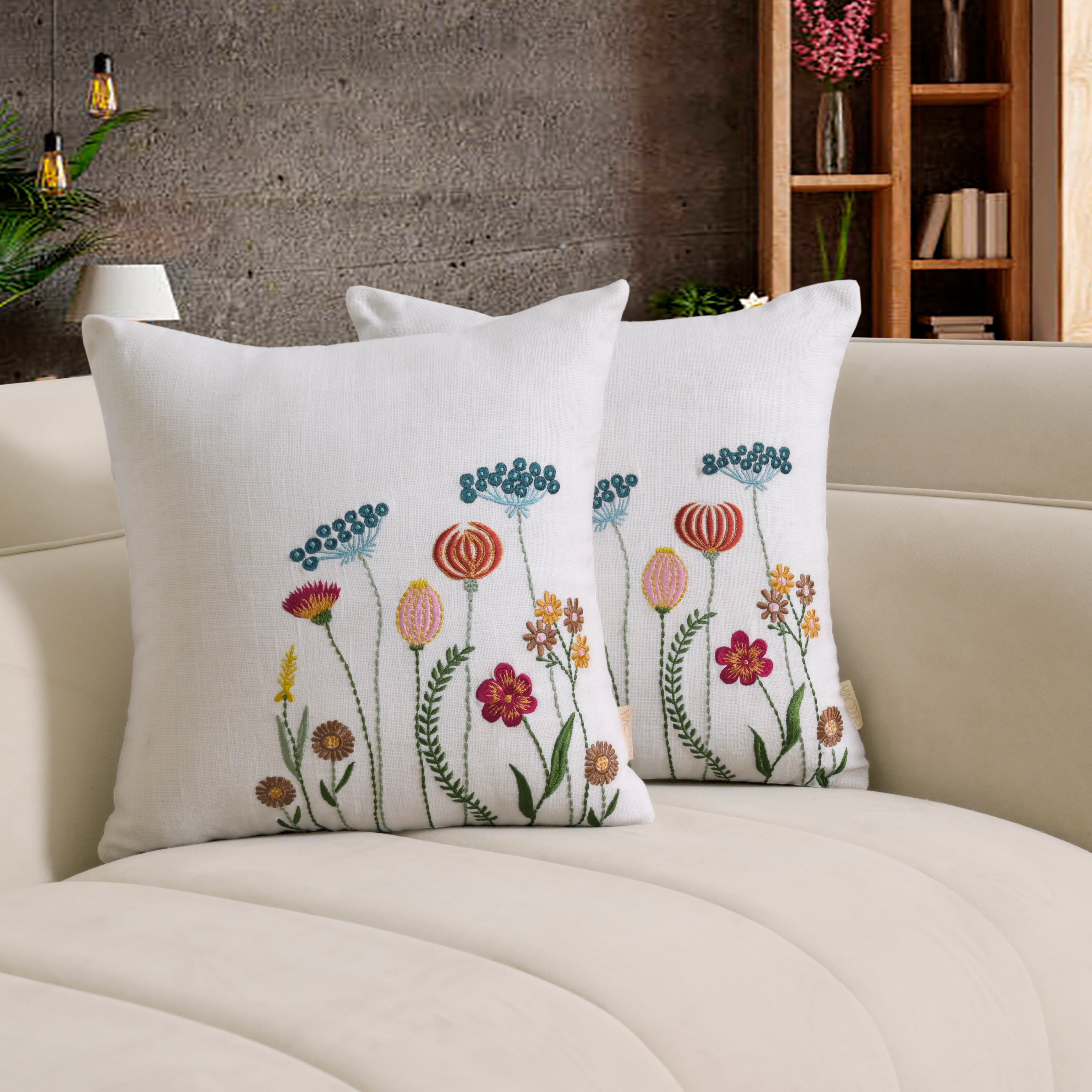 Boho Wildflower Garden Embroidered Pillow Cover | Square Botanical Accent White Set of 1 Pc