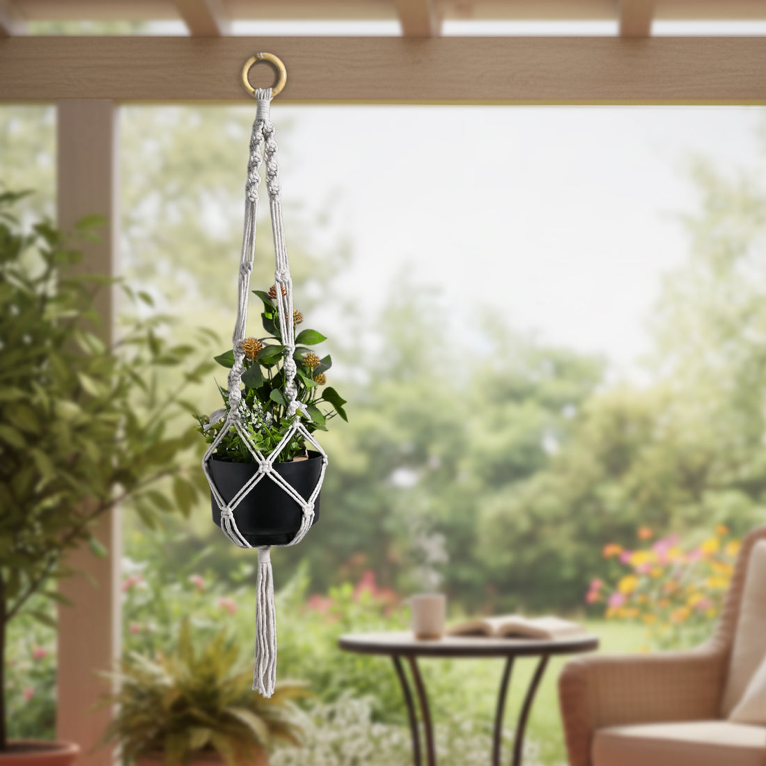Handmade Macramé Plant Hanger with Elegant Black Metal Pot | Boho Home Decor Hanging Planter for Indoor &amp; Outdoor