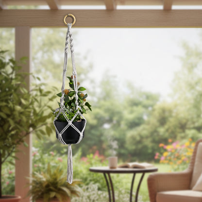 Handmade Macramé Plant Hanger with Elegant Black Metal Pot | Boho Home Decor Hanging Planter for Indoor &amp; Outdoor