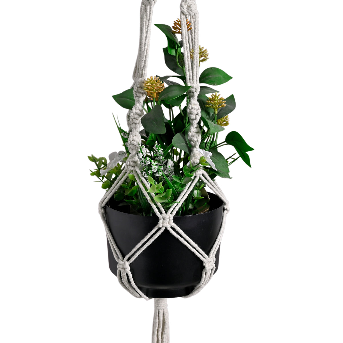 Handmade Macramé Plant Hanger with Elegant Black Metal Pot | Boho Home Decor Hanging Planter for Indoor &amp; Outdoor