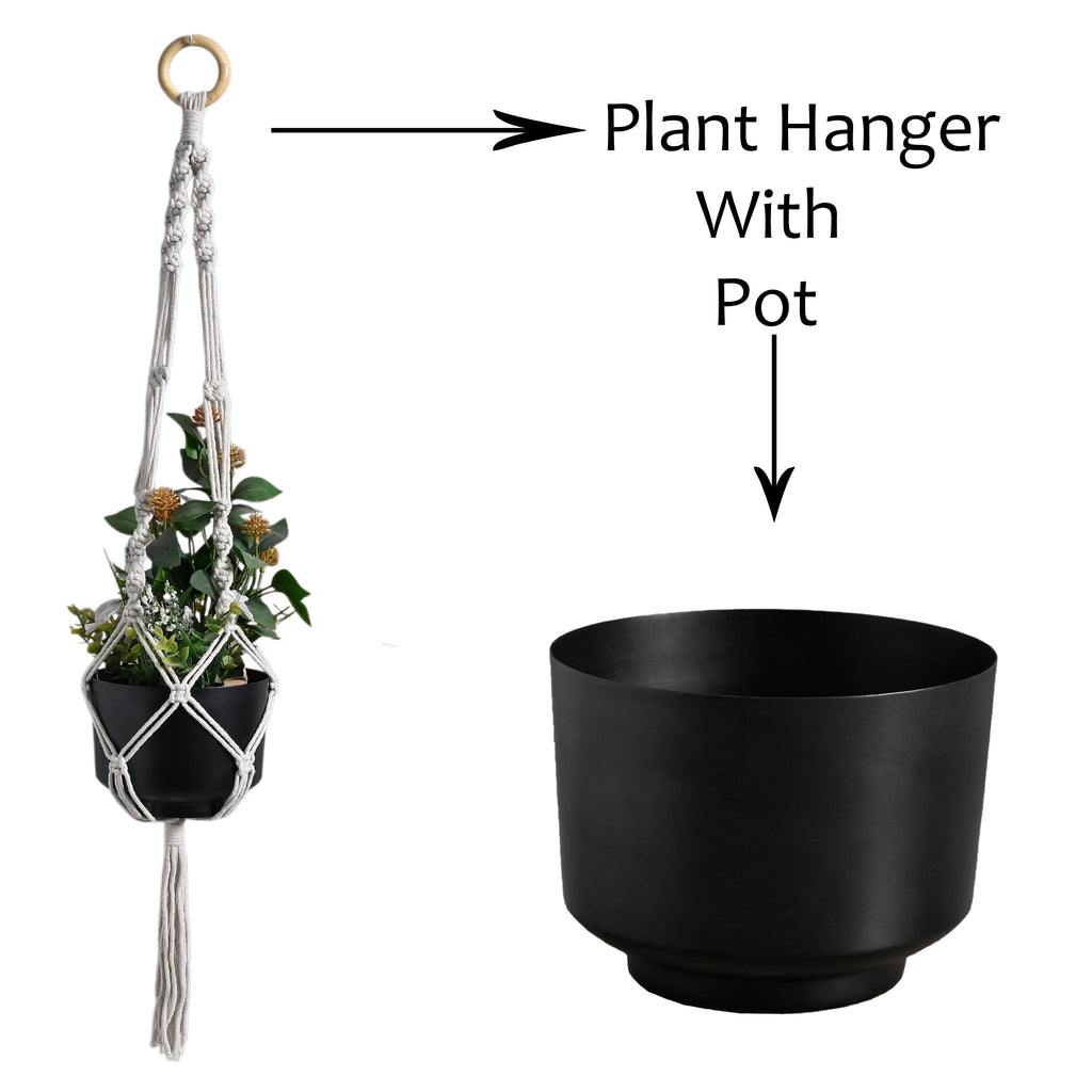 Handmade Macramé Plant Hanger with Elegant Black Metal Pot | Boho Home Decor Hanging Planter for Indoor & Outdoor