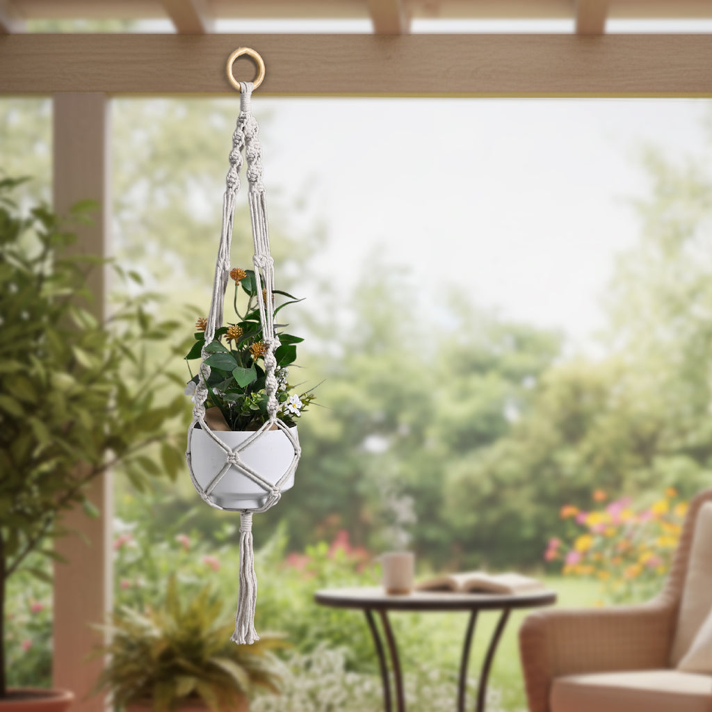 Handmade Macramé Plant Hanger with Elegant White Metal Pot | Boho Home Decor Hanging Planter for Indoor & Outdoor