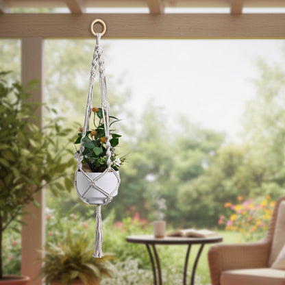 Handmade Macramé Plant Hanger with Elegant White Metal Pot | Boho Home Decor Hanging Planter for Indoor &amp; Outdoor