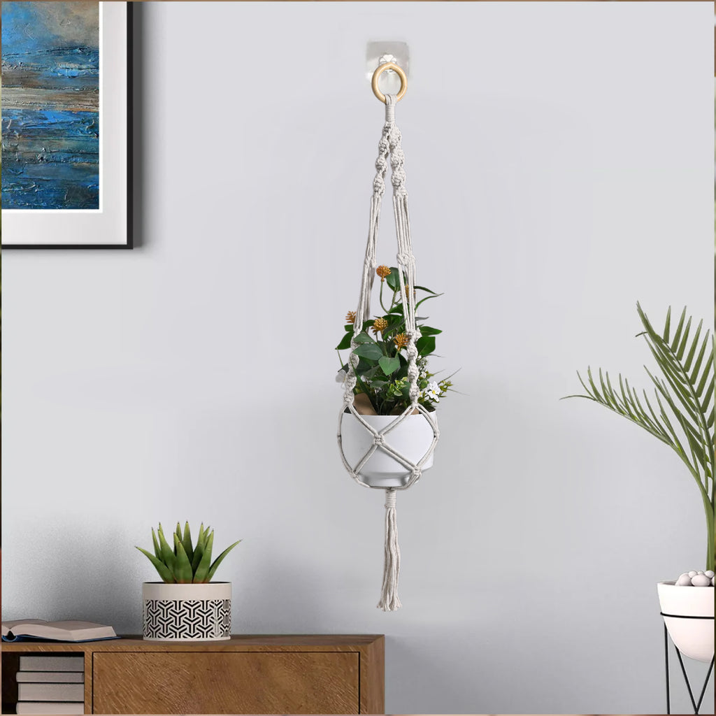Handmade Macramé Plant Hanger with Elegant White Metal Pot | Boho Home Decor Hanging Planter for Indoor & Outdoor