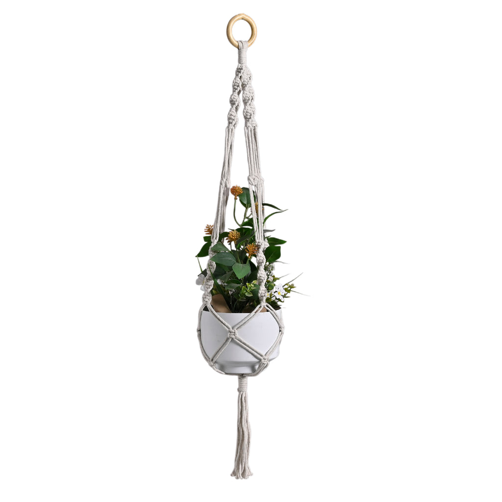 Handmade Macramé Plant Hanger with Elegant White Metal Pot | Boho Home Decor Hanging Planter for Indoor & Outdoor